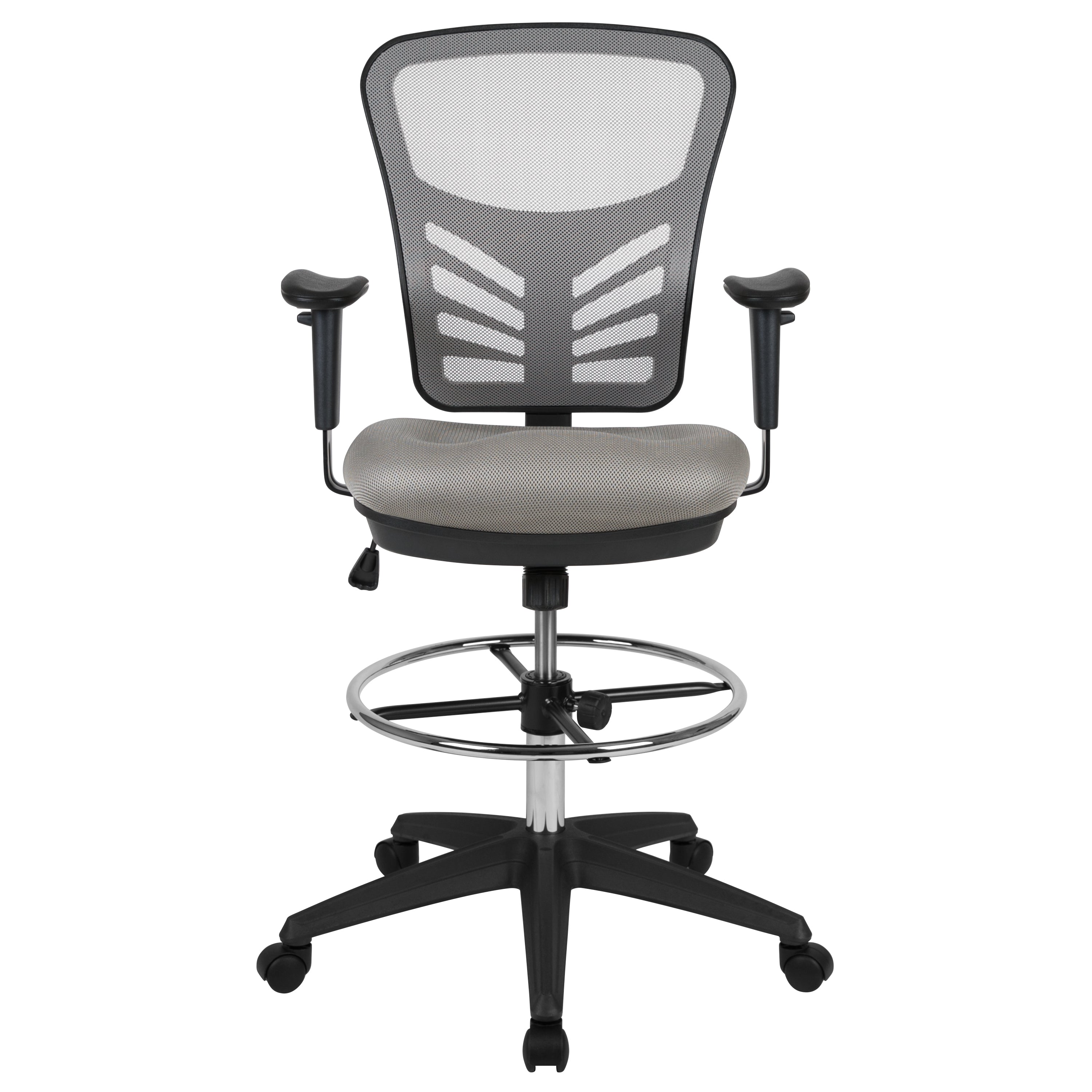Tyler Mid-Back Light Gray Mesh Ergonomic Drafting Chair with Adjustable Chrome Foot Ring, Adjustable Arms and Black Frame