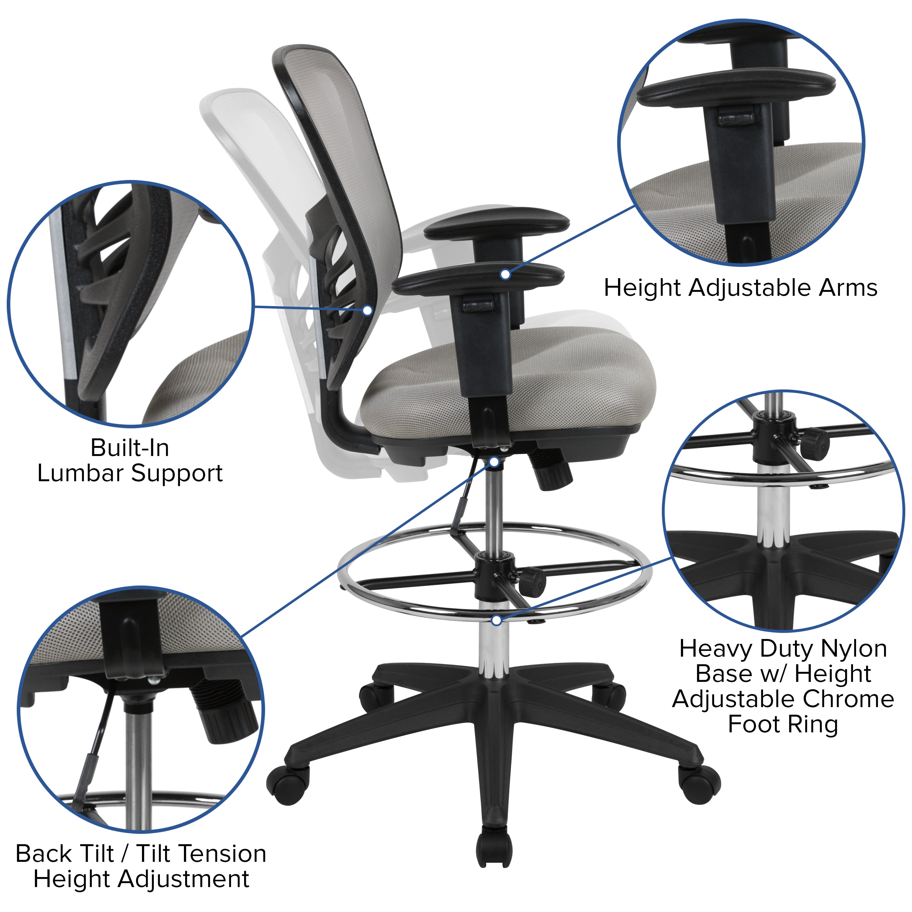 Tyler Mid-Back Light Gray Mesh Ergonomic Drafting Chair with Adjustable Chrome Foot Ring, Adjustable Arms and Black Frame