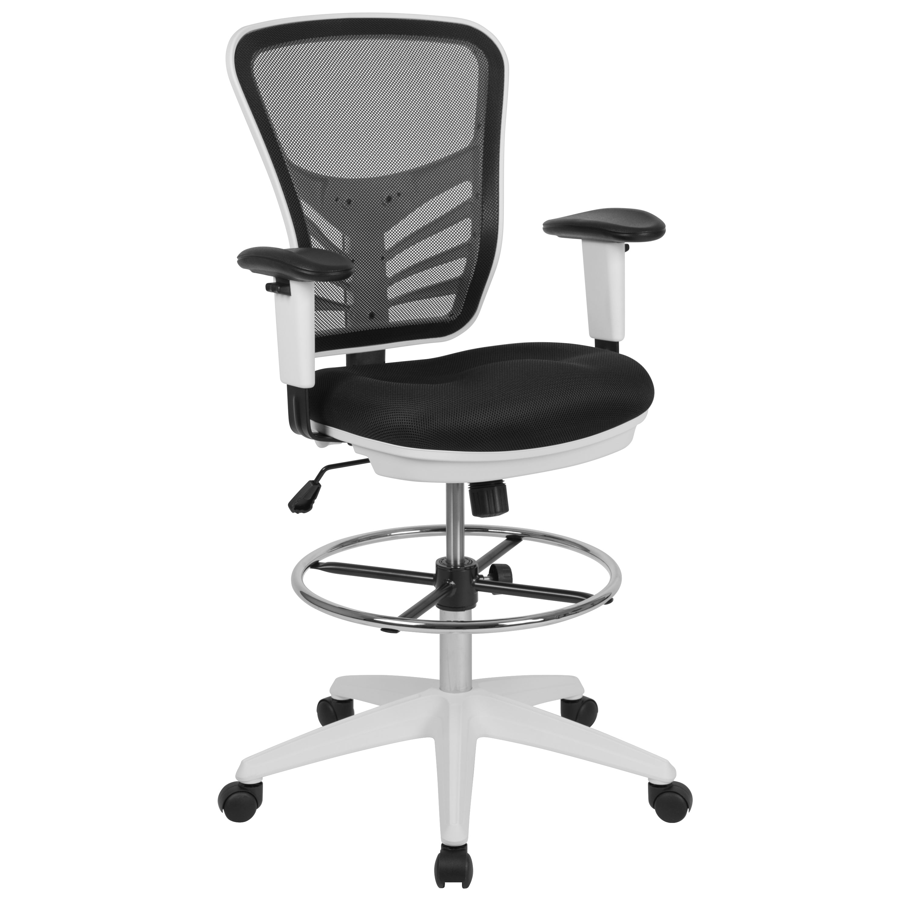 Tyler Mid-Back Black Mesh Ergonomic Drafting Chair with Adjustable Chrome Foot Ring, Adjustable Arms and White Frame