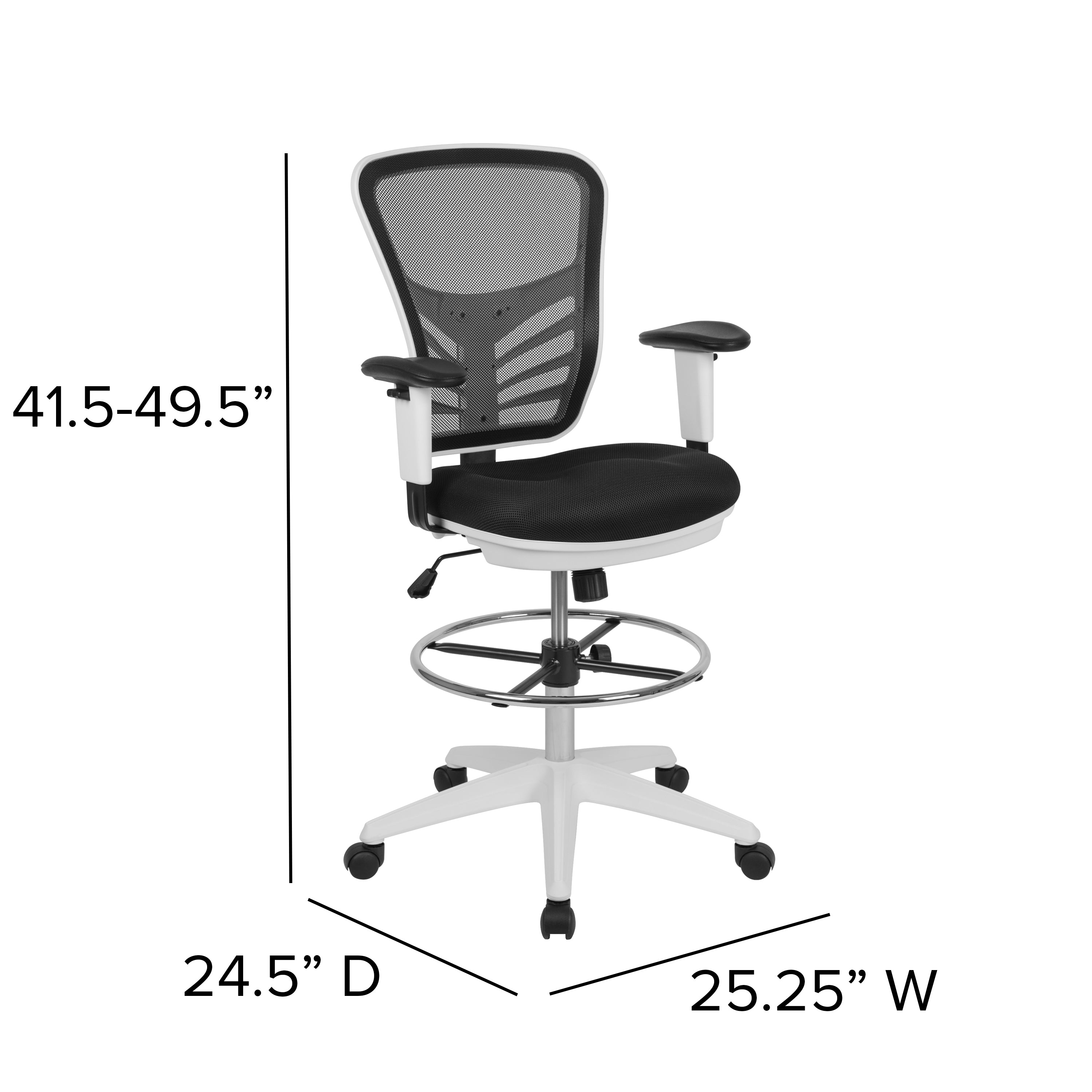 Tyler Mid-Back Black Mesh Ergonomic Drafting Chair with Adjustable Chrome Foot Ring, Adjustable Arms and White Frame