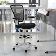 Tyler Mid-Back Black Mesh Ergonomic Drafting Chair with Adjustable Chrome Foot Ring, Adjustable Arms and White Frame