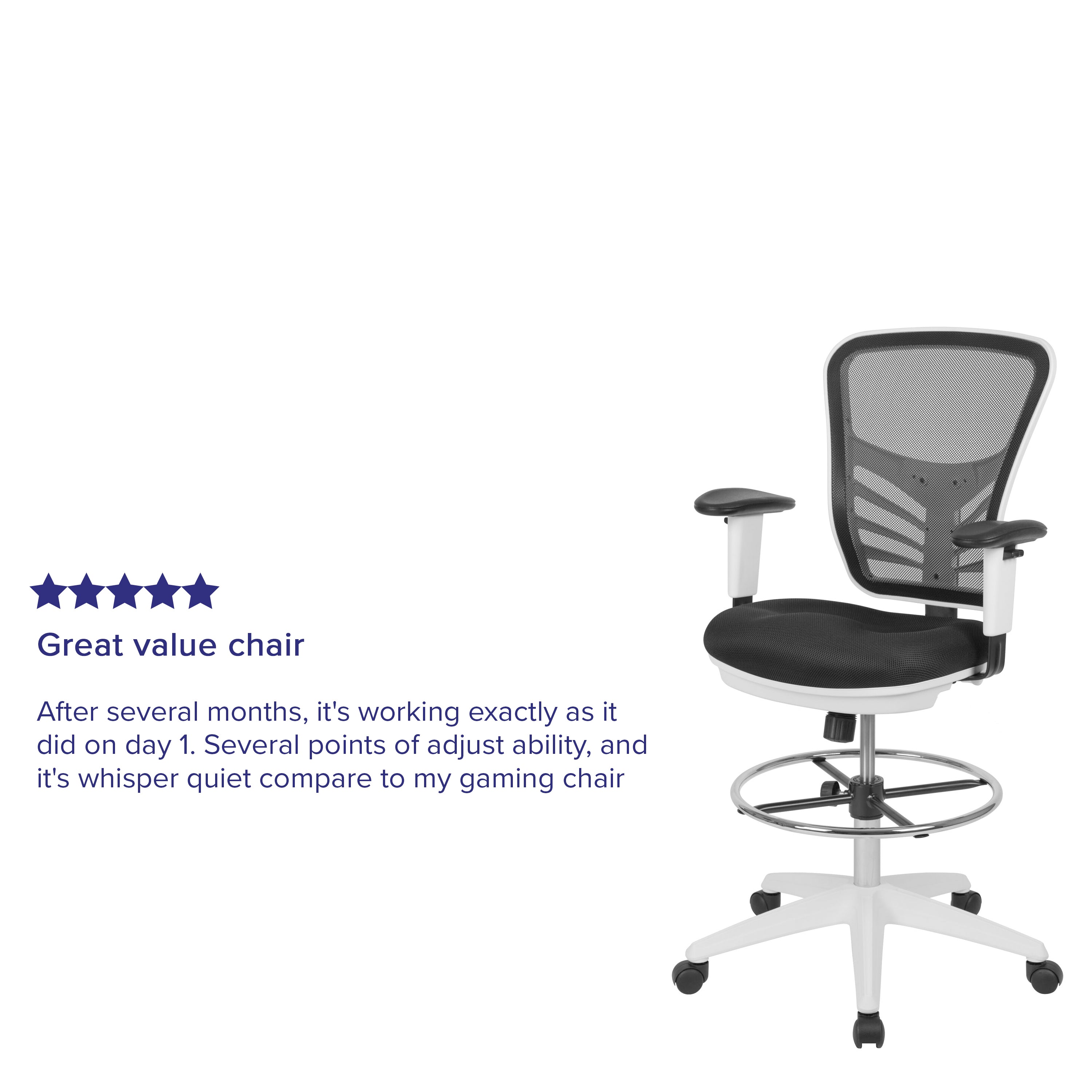 Tyler Mid-Back Black Mesh Ergonomic Drafting Chair with Adjustable Chrome Foot Ring, Adjustable Arms and White Frame