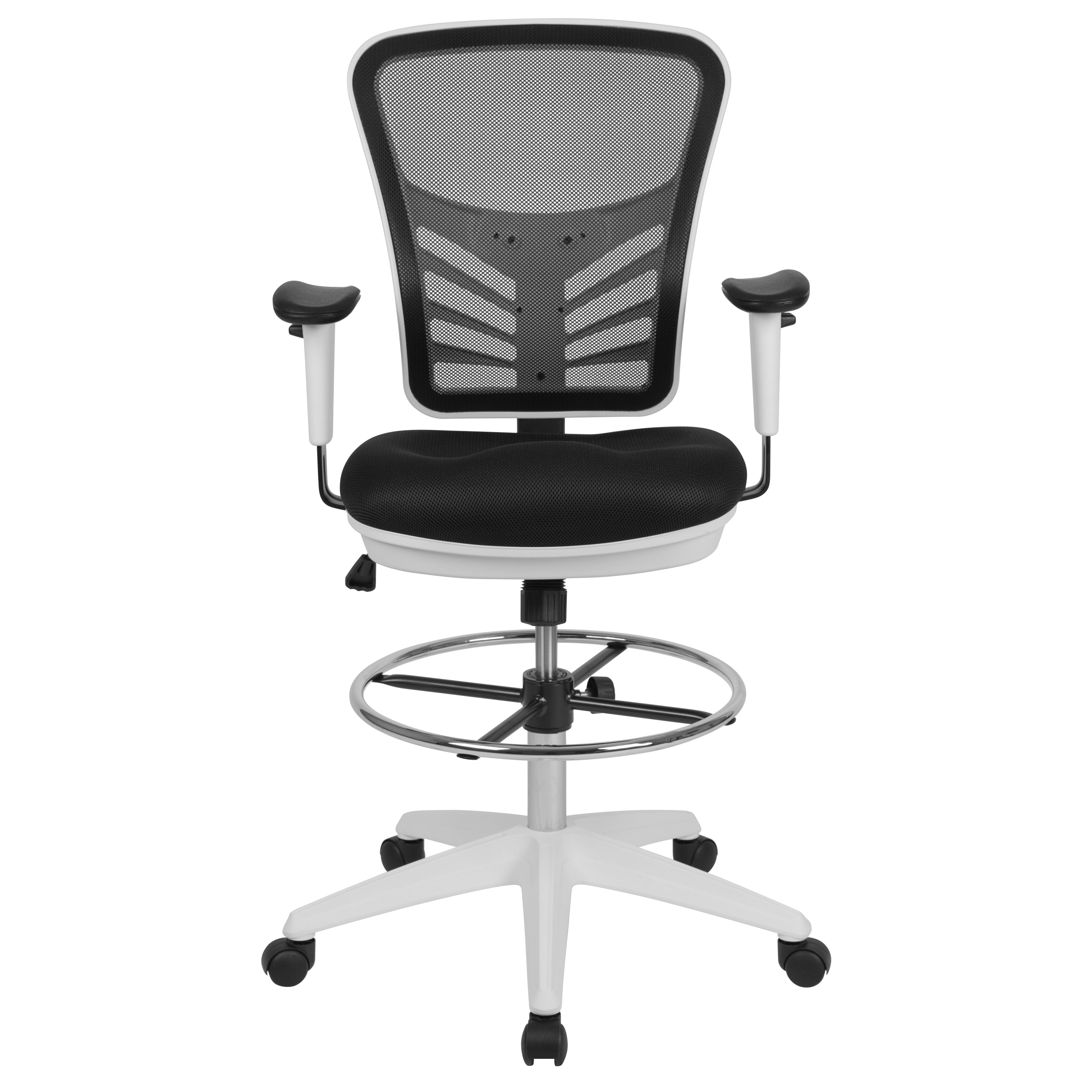 Tyler Mid-Back Black Mesh Ergonomic Drafting Chair with Adjustable Chrome Foot Ring, Adjustable Arms and White Frame