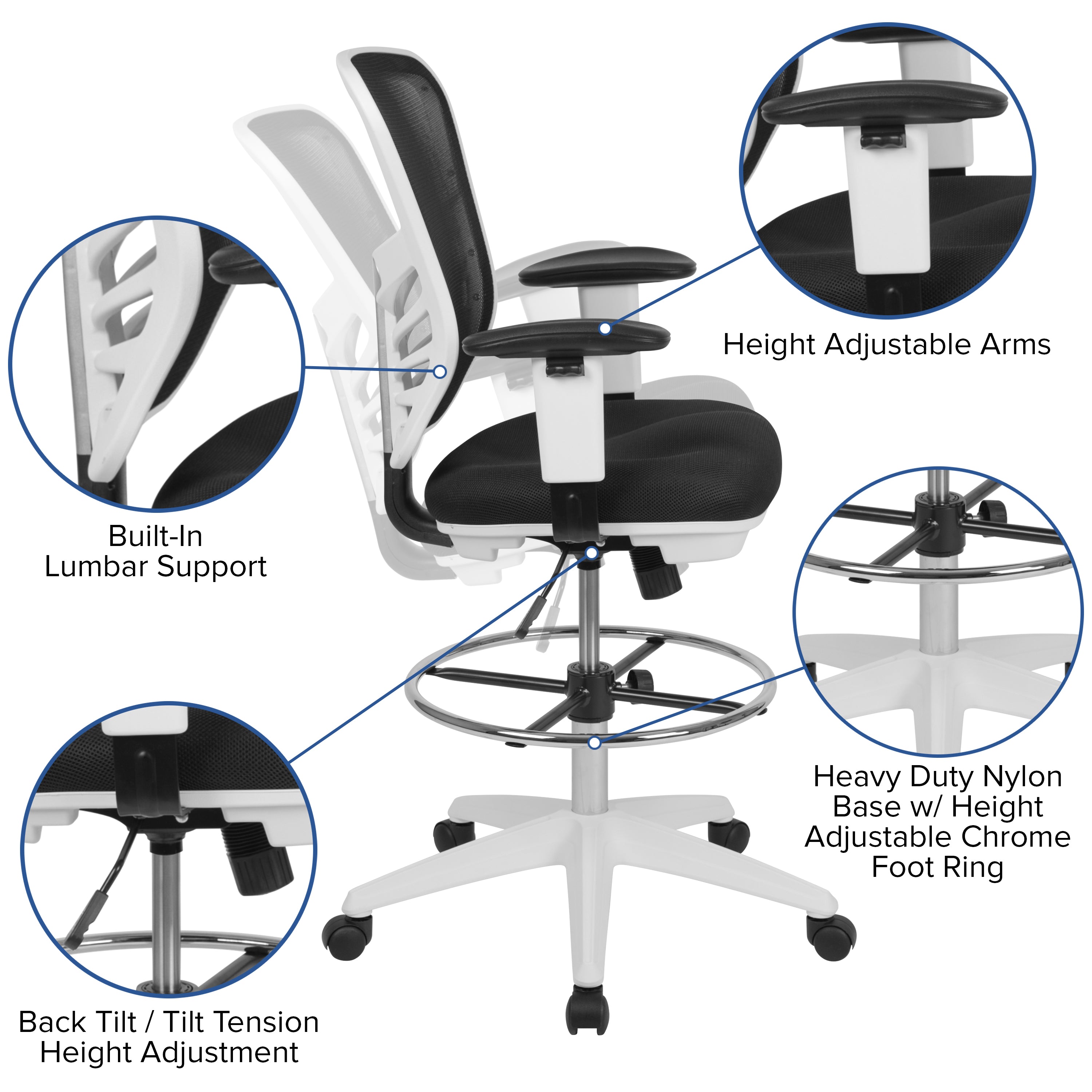 Tyler Mid-Back Black Mesh Ergonomic Drafting Chair with Adjustable Chrome Foot Ring, Adjustable Arms and White Frame