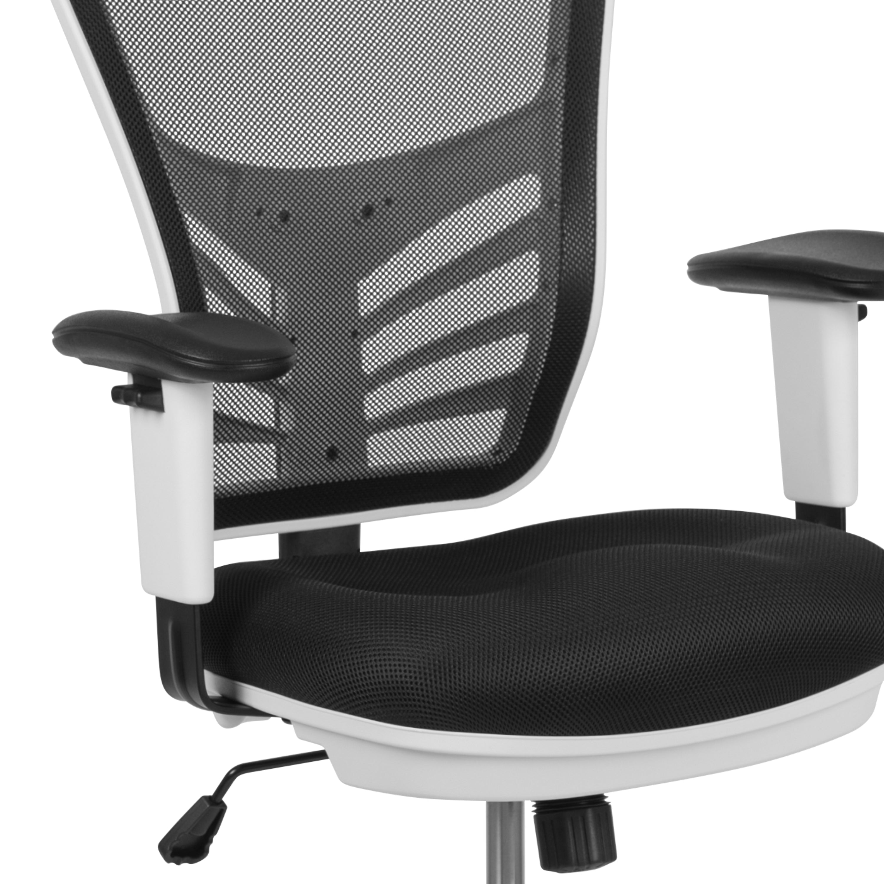Tyler Mid-Back Black Mesh Ergonomic Drafting Chair with Adjustable Chrome Foot Ring, Adjustable Arms and White Frame