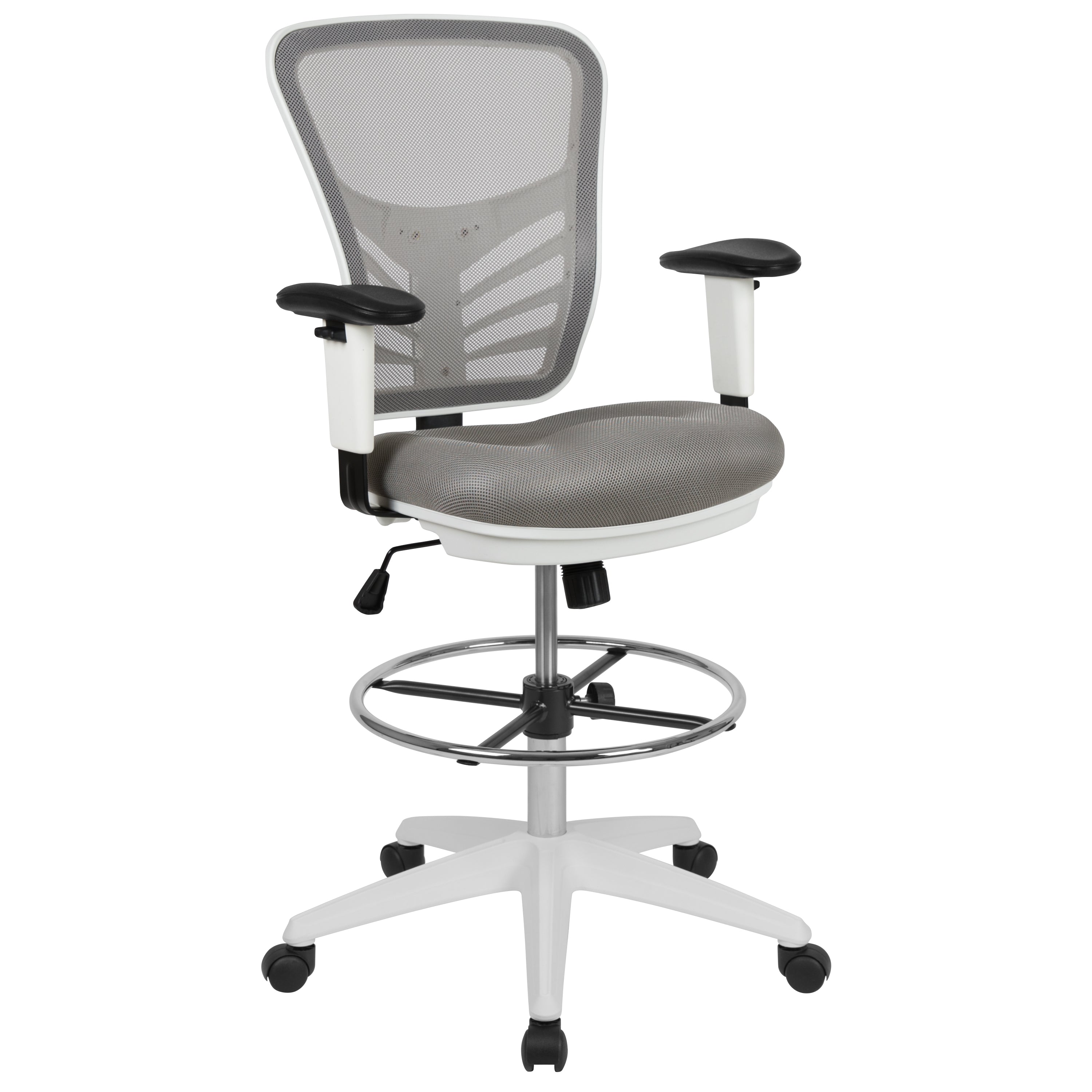 Tyler Mid-Back Light Gray Mesh Ergonomic Drafting Chair with Adjustable Chrome Foot Ring, Adjustable Arms and White Frame