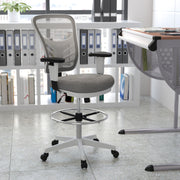 Tyler Mid-Back Light Gray Mesh Ergonomic Drafting Chair with Adjustable Chrome Foot Ring, Adjustable Arms and White Frame