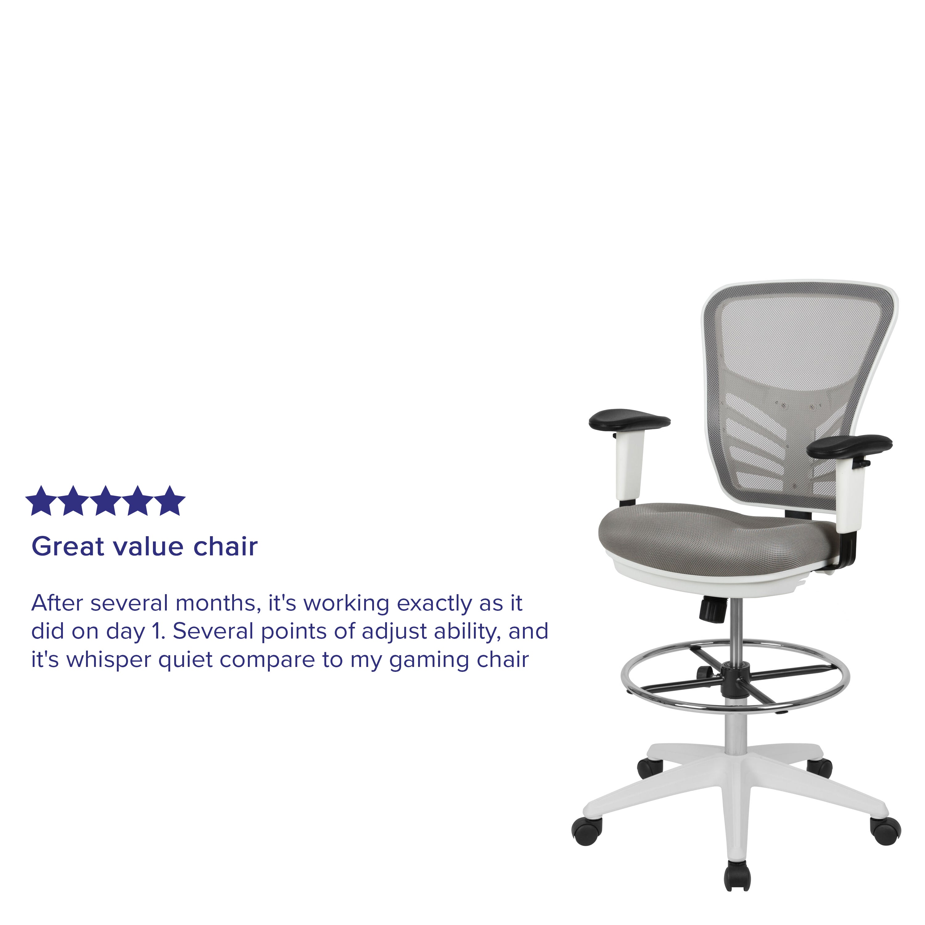 Tyler Mid-Back Light Gray Mesh Ergonomic Drafting Chair with Adjustable Chrome Foot Ring, Adjustable Arms and White Frame