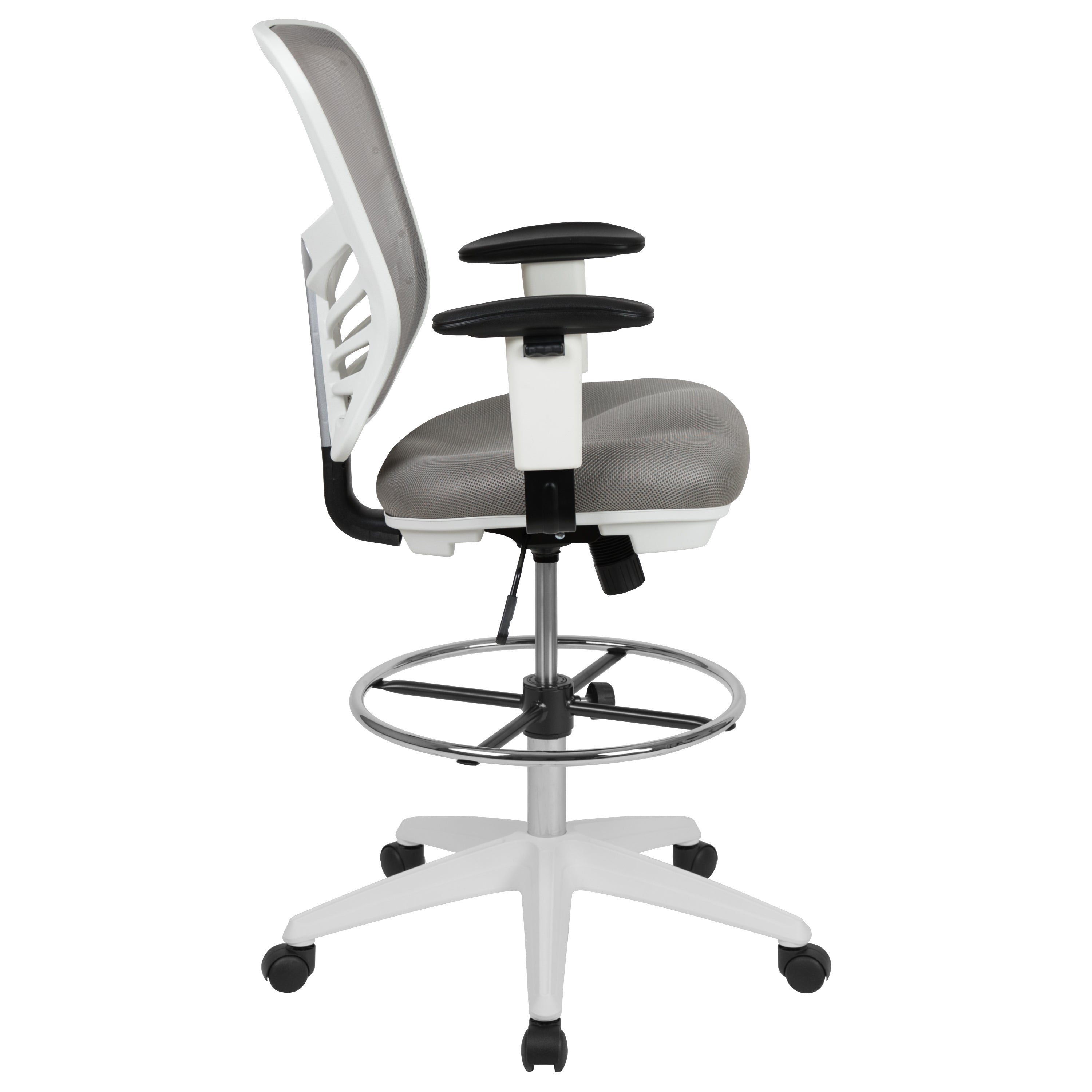 Tyler Mid-Back Light Gray Mesh Ergonomic Drafting Chair with Adjustable Chrome Foot Ring, Adjustable Arms and White Frame