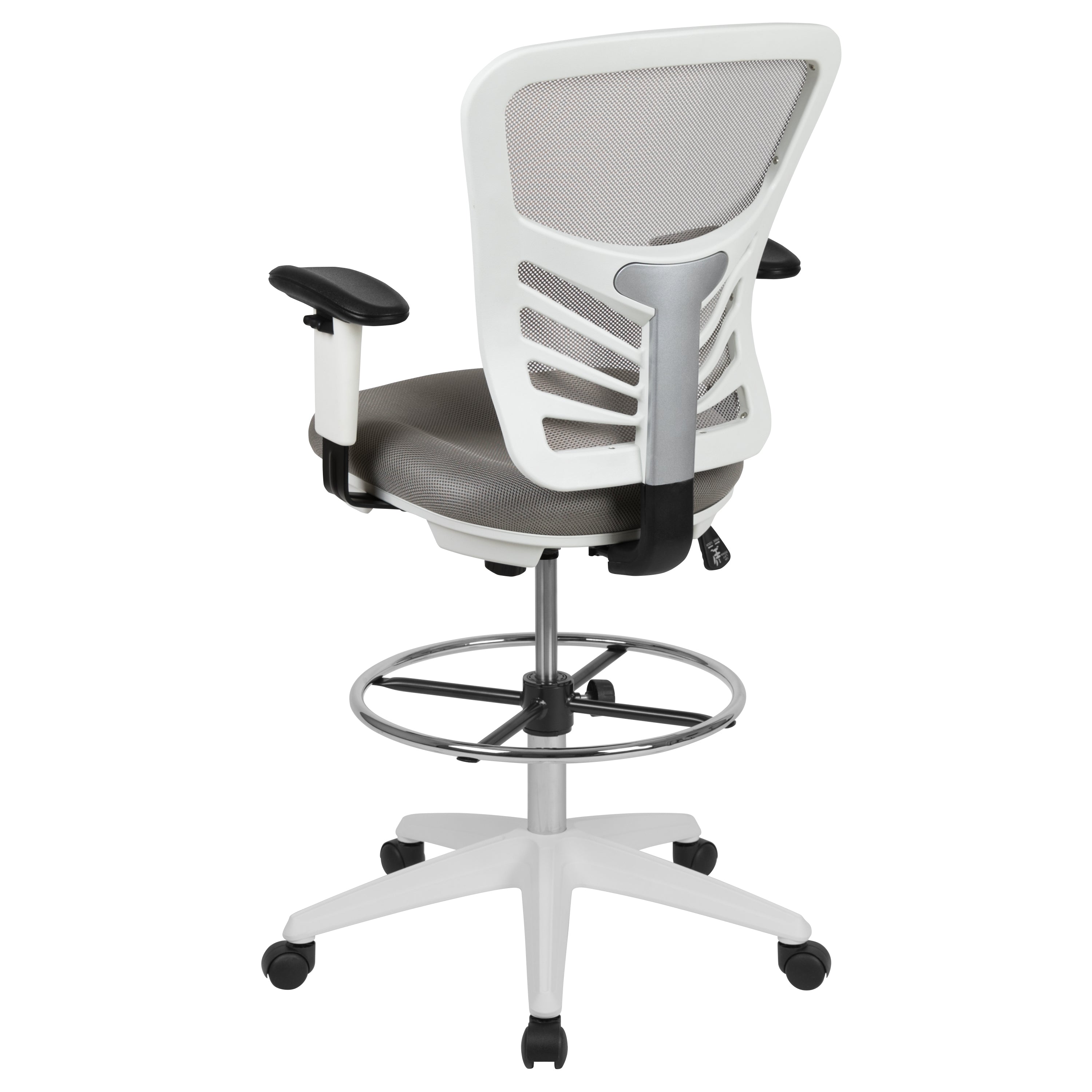 Tyler Mid-Back Light Gray Mesh Ergonomic Drafting Chair with Adjustable Chrome Foot Ring, Adjustable Arms and White Frame
