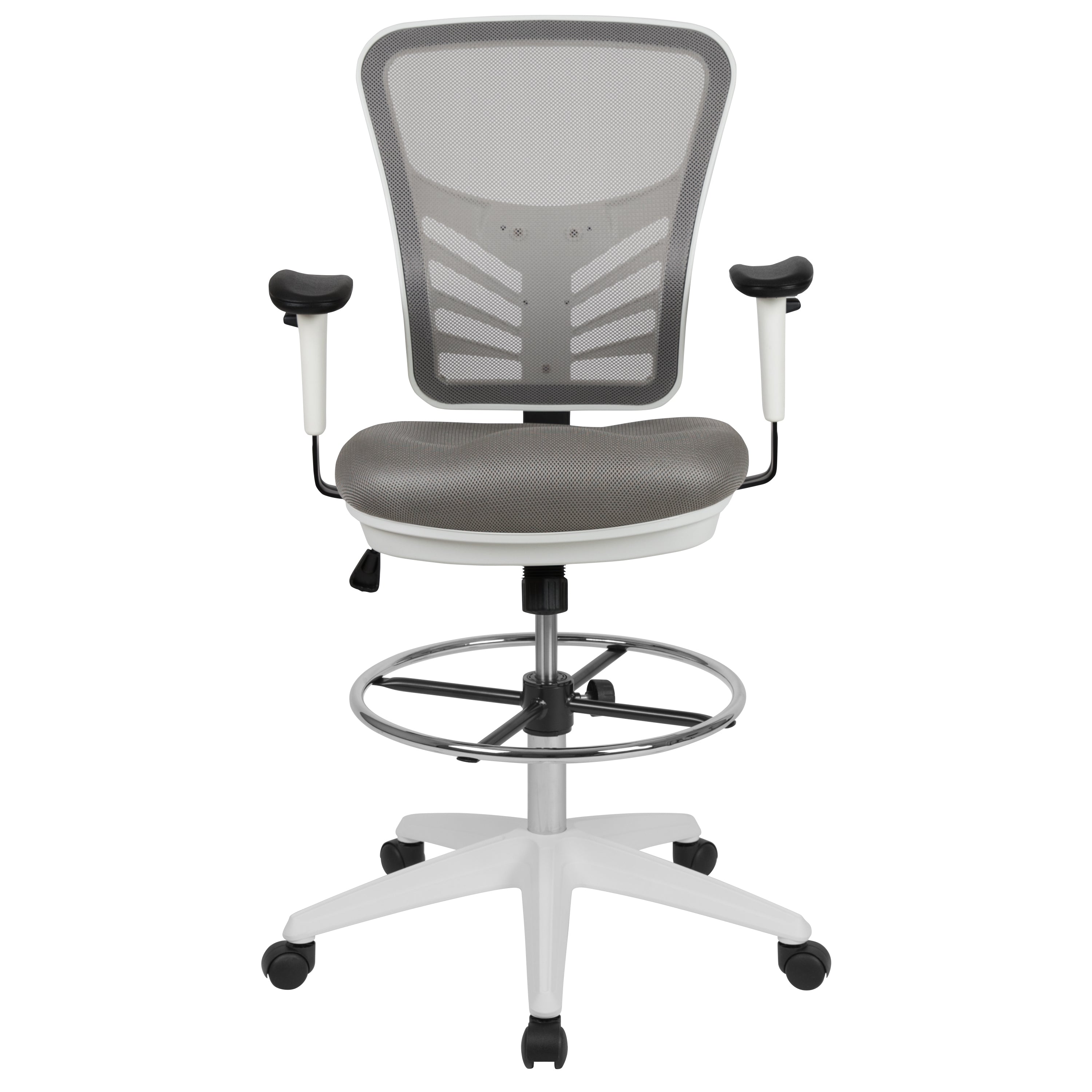 Tyler Mid-Back Light Gray Mesh Ergonomic Drafting Chair with Adjustable Chrome Foot Ring, Adjustable Arms and White Frame