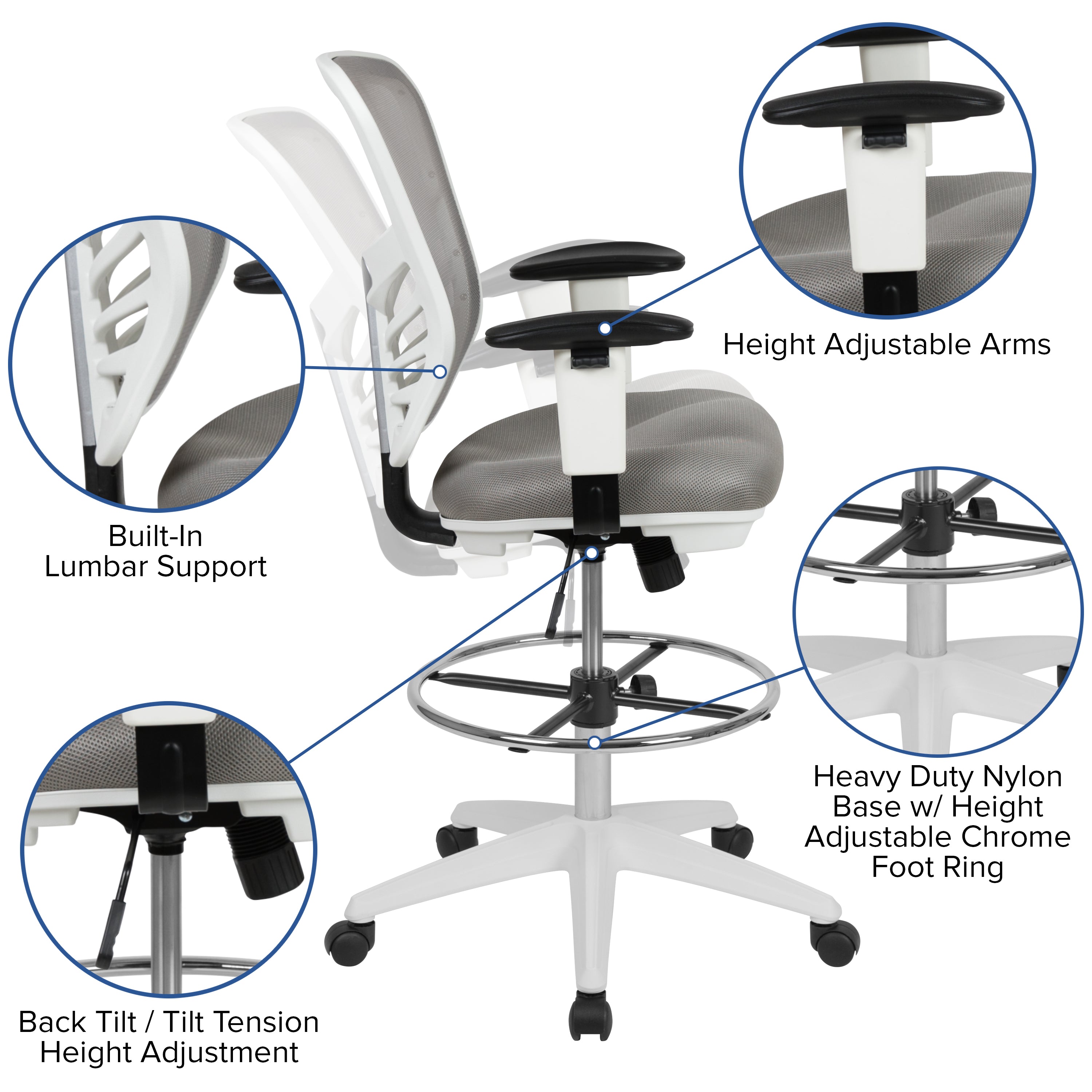 Tyler Mid-Back Light Gray Mesh Ergonomic Drafting Chair with Adjustable Chrome Foot Ring, Adjustable Arms and White Frame
