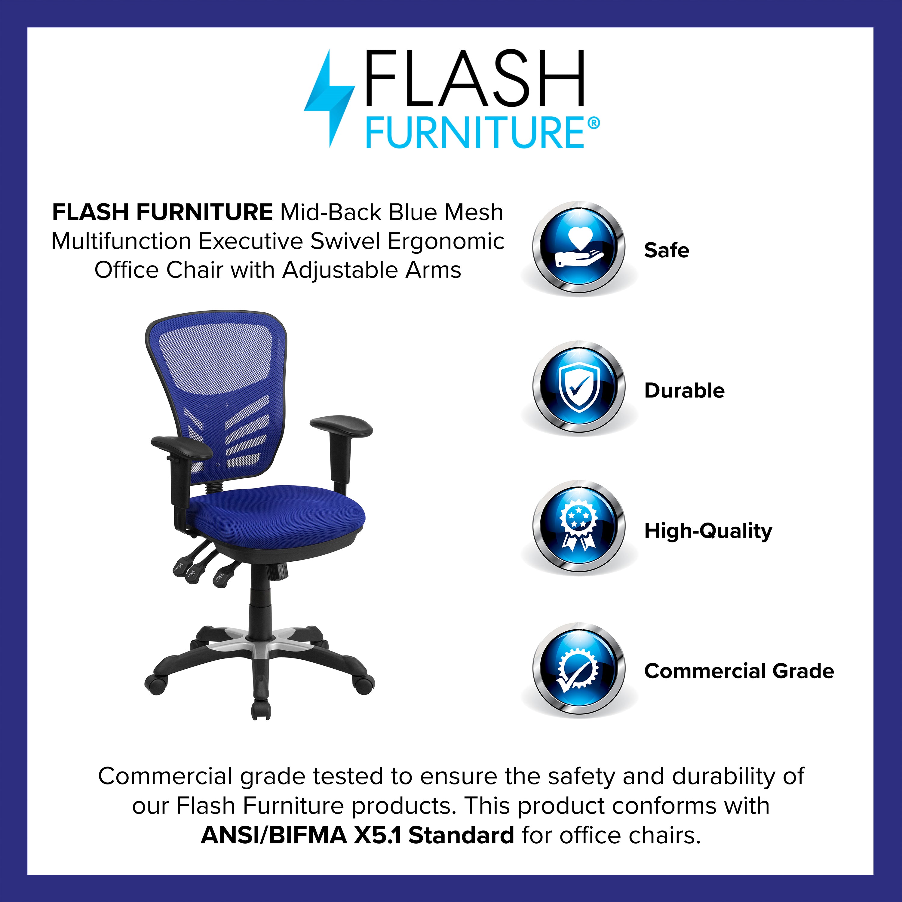 Nicholas Mid-Back Blue Mesh Multifunction Executive Swivel Ergonomic Office Chair with Adjustable Arms