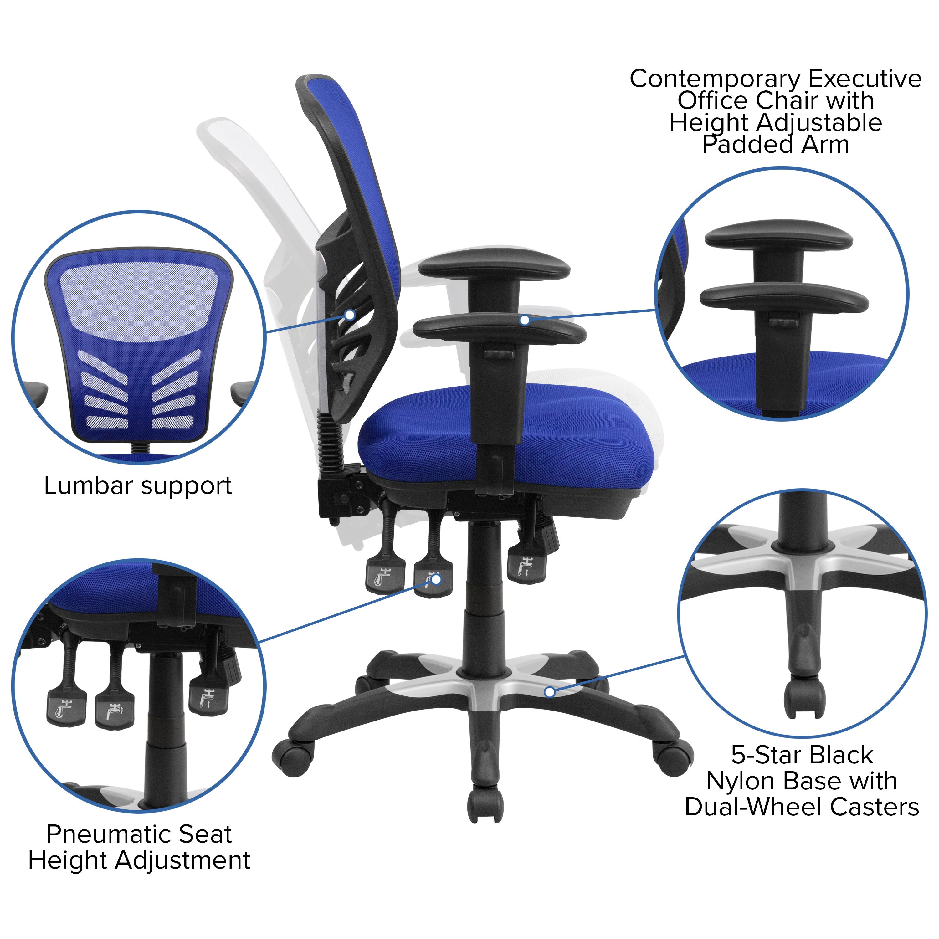Nicholas Mid-Back Blue Mesh Multifunction Executive Swivel Ergonomic Office Chair with Adjustable Arms