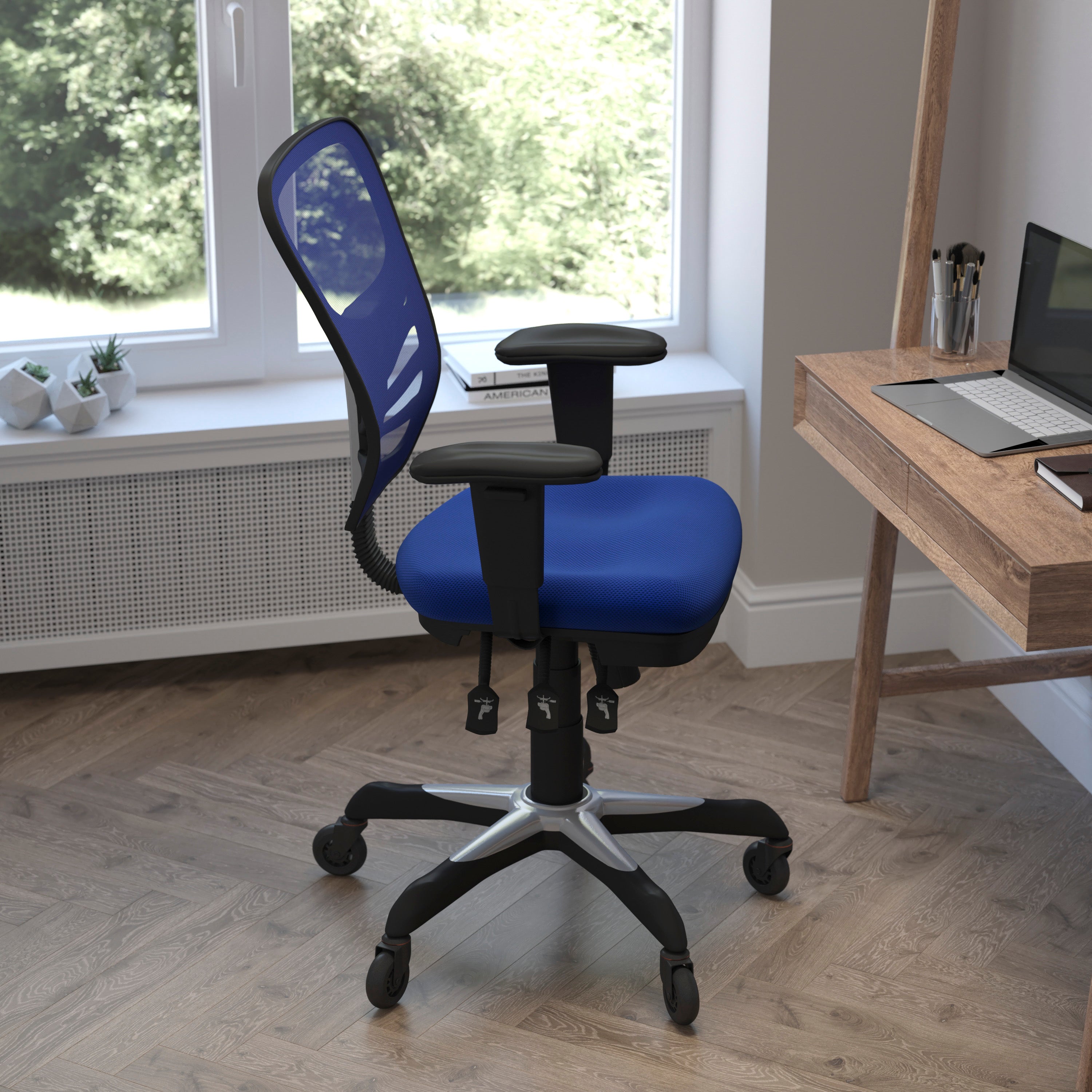 Nicholas Mid-Back Blue Mesh Multifunction Executive Swivel Ergonomic Office Chair with Adjustable Arms and Transparent Roller Wheels