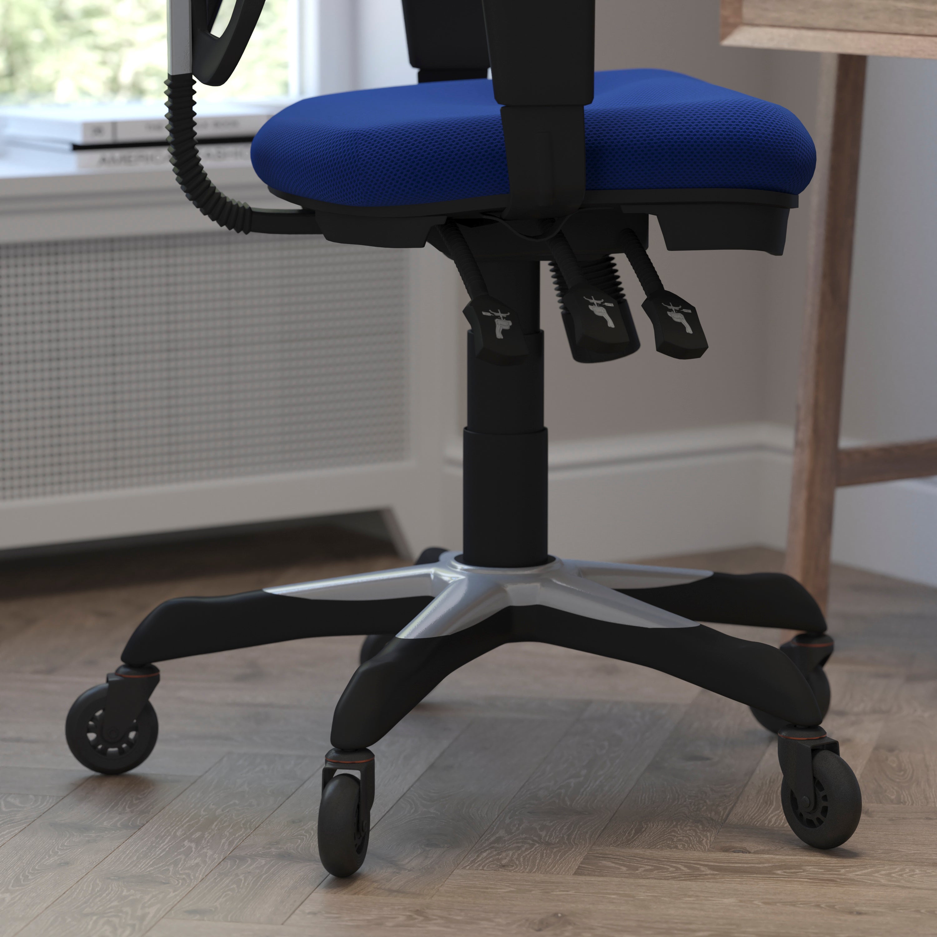 Nicholas Mid-Back Blue Mesh Multifunction Executive Swivel Ergonomic Office Chair with Adjustable Arms and Transparent Roller Wheels