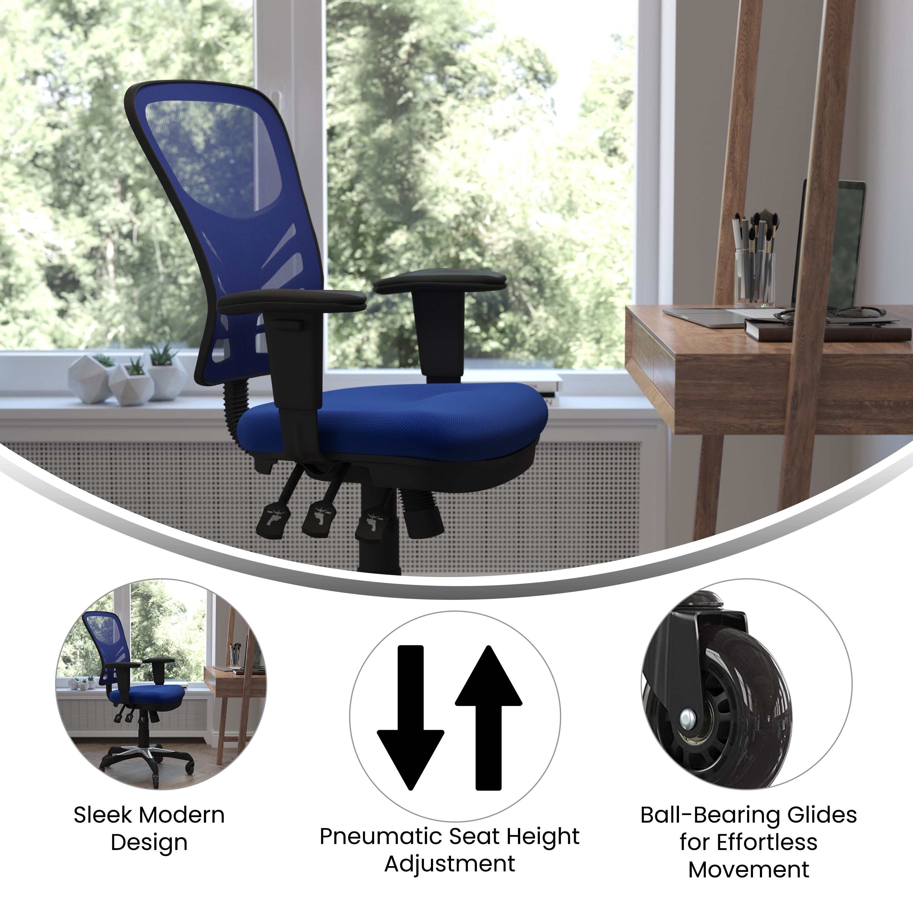 Nicholas Mid-Back Blue Mesh Multifunction Executive Swivel Ergonomic Office Chair with Adjustable Arms and Transparent Roller Wheels