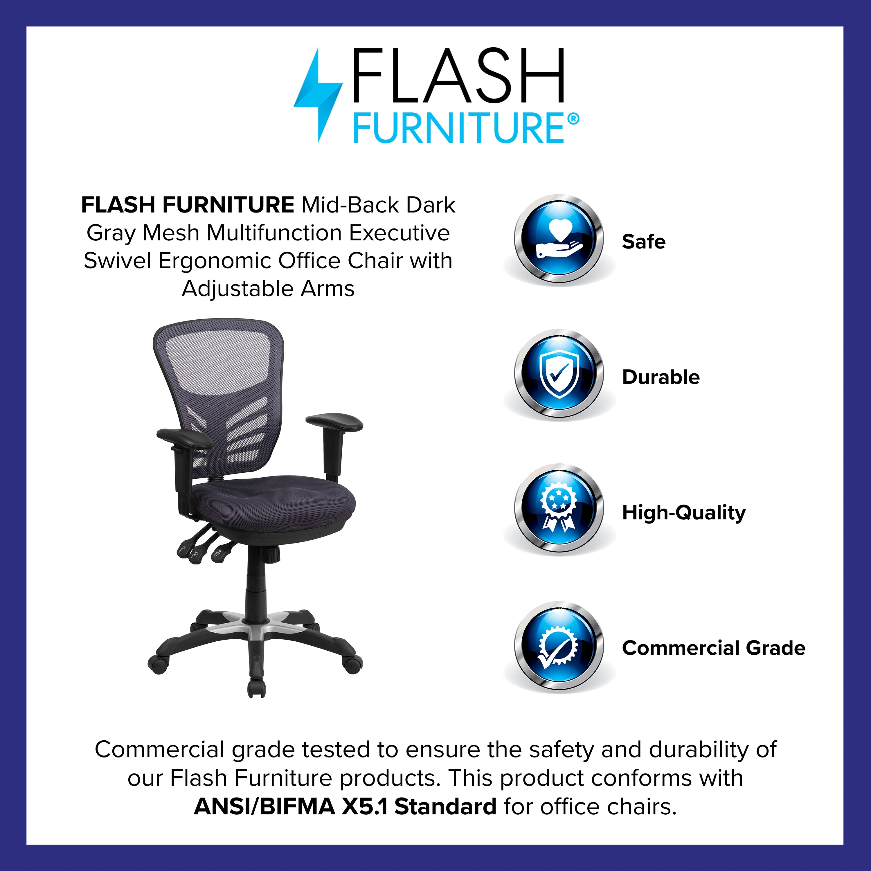 Nicholas Mid-Back Dark Gray Mesh Multifunction Executive Swivel Ergonomic Office Chair with Adjustable Arms