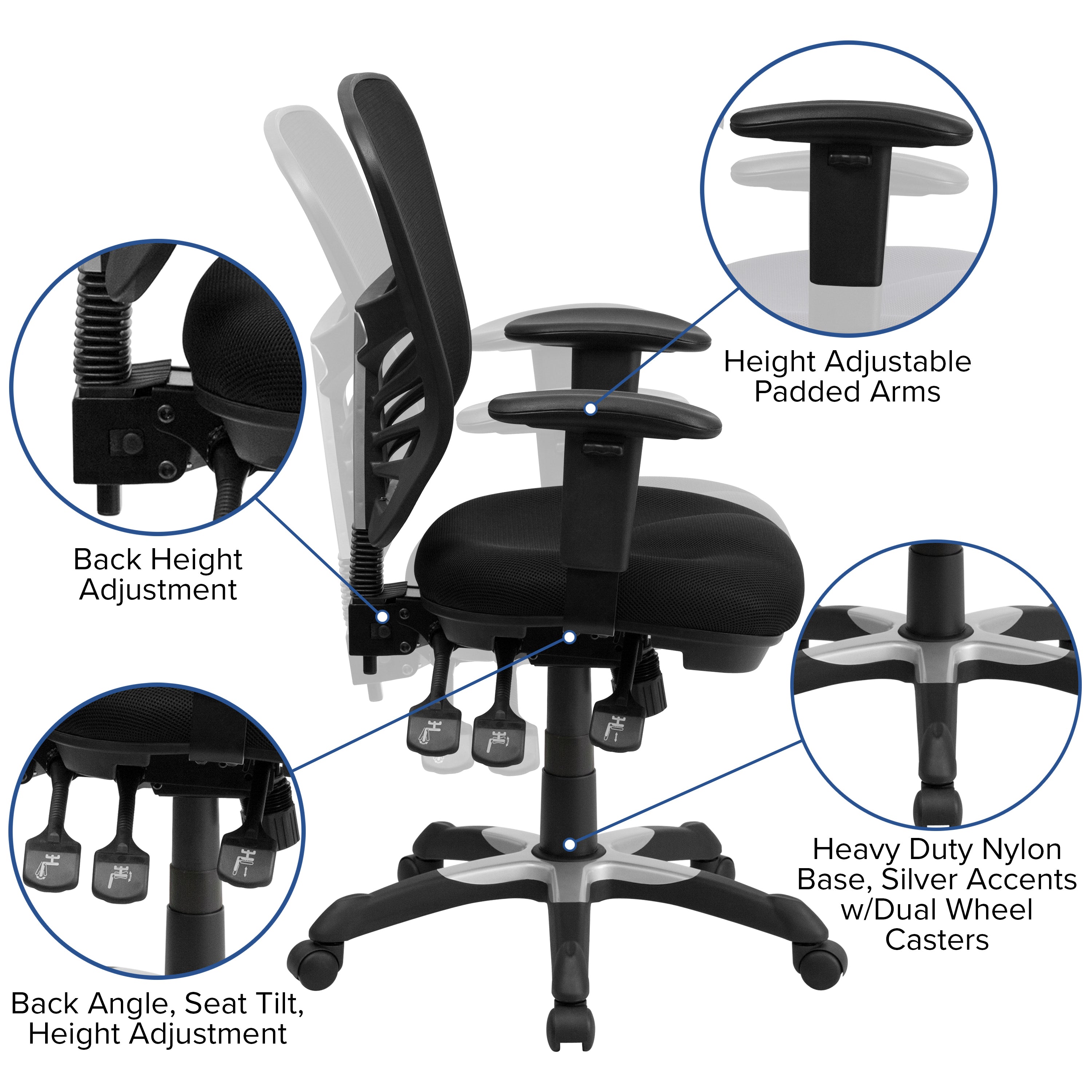 Nicholas Mid-Back Black Mesh Multifunction Executive Swivel Ergonomic Office Chair with Adjustable Arms