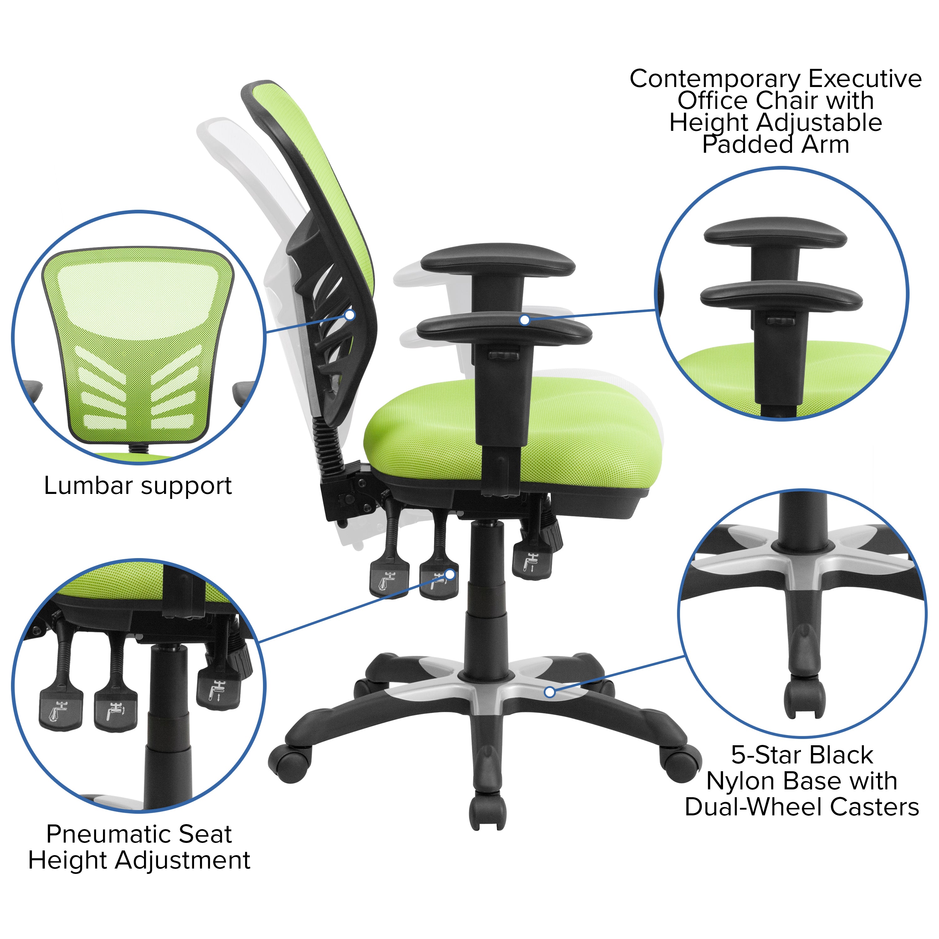 Nicholas Mid-Back Green Mesh Multifunction Executive Swivel Ergonomic Office Chair with Adjustable Arms