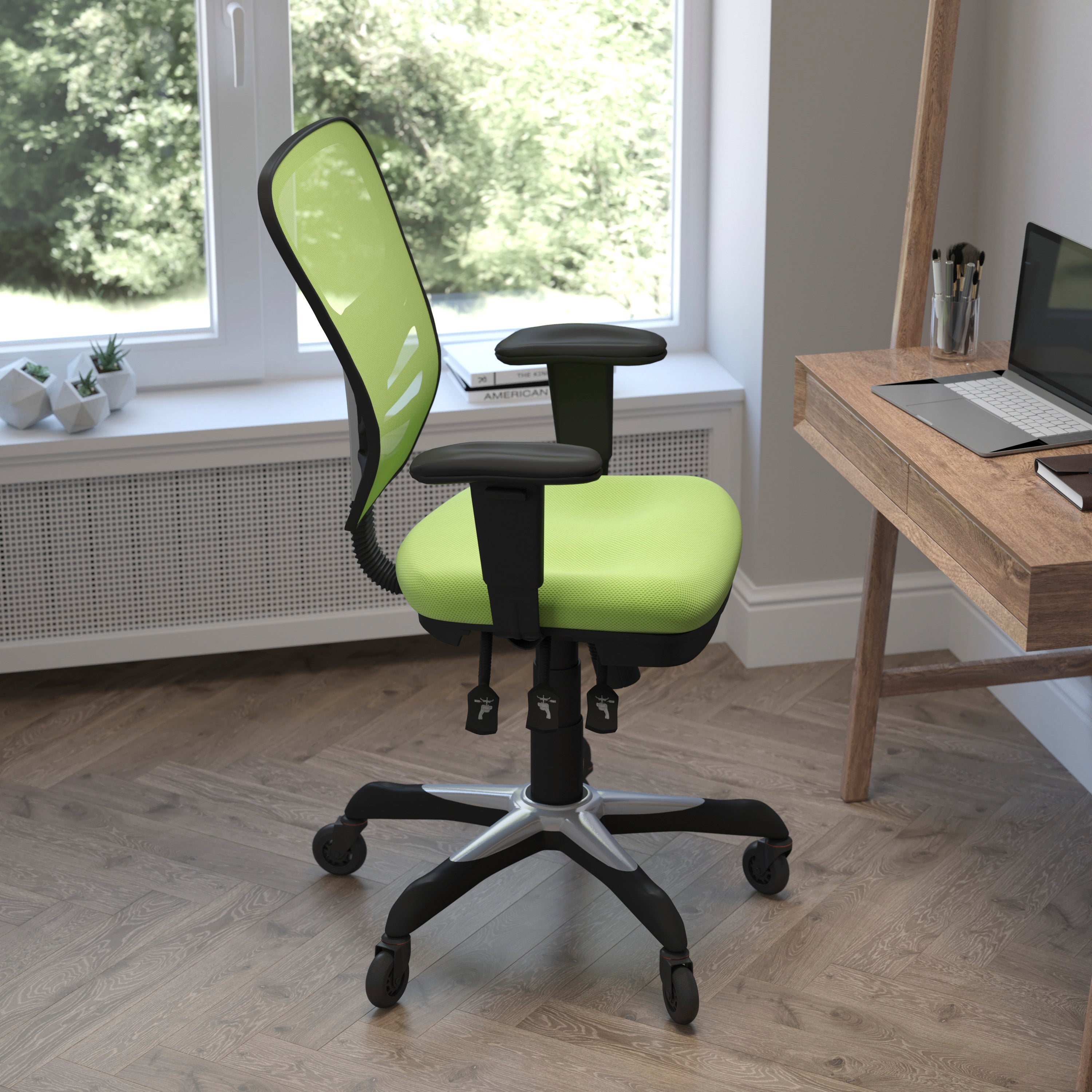 Nicholas Mid-Back Green Mesh Multifunction Executive Swivel Ergonomic Office Chair with Adjustable Arms and Transparent Roller Wheels