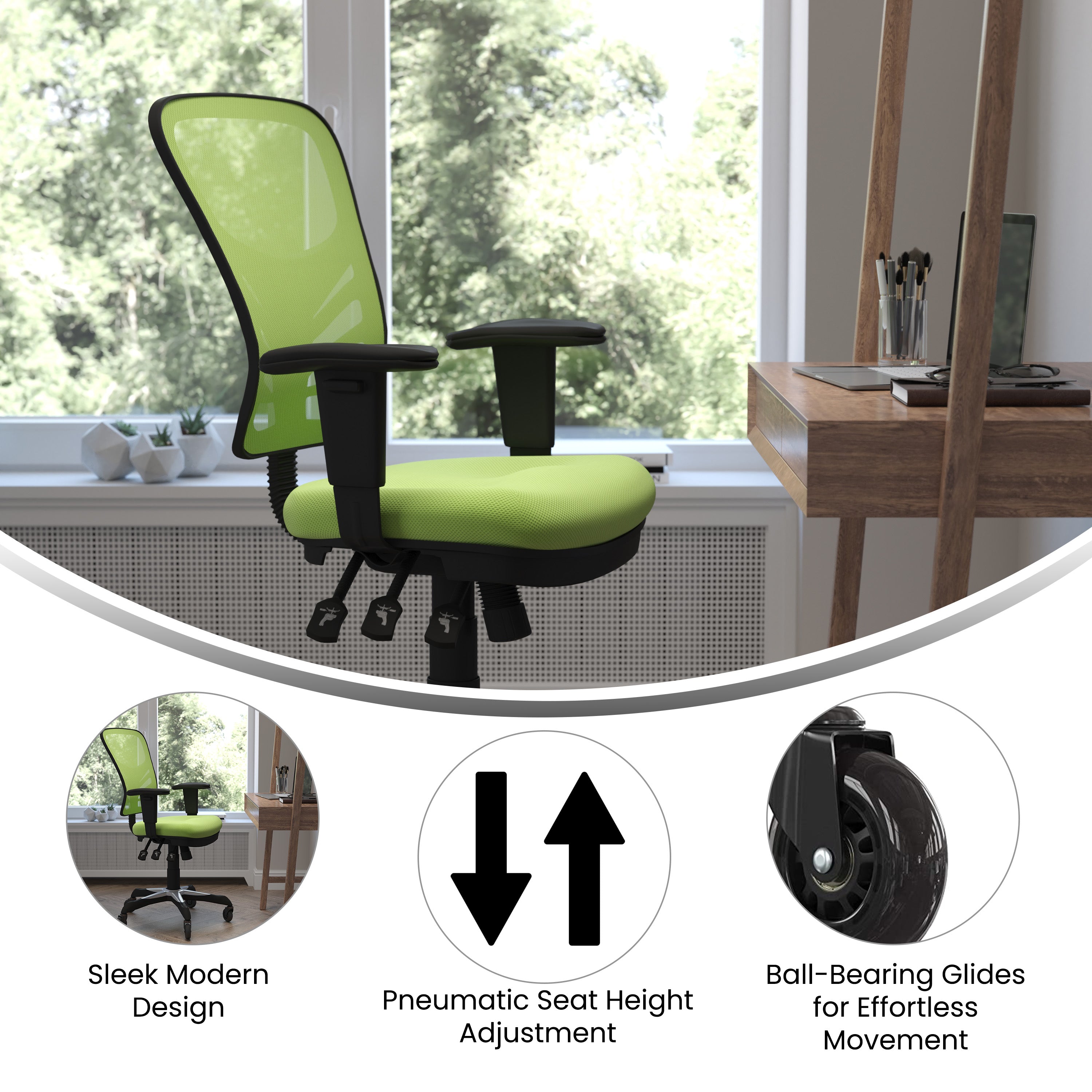 Nicholas Mid-Back Green Mesh Multifunction Executive Swivel Ergonomic Office Chair with Adjustable Arms and Transparent Roller Wheels