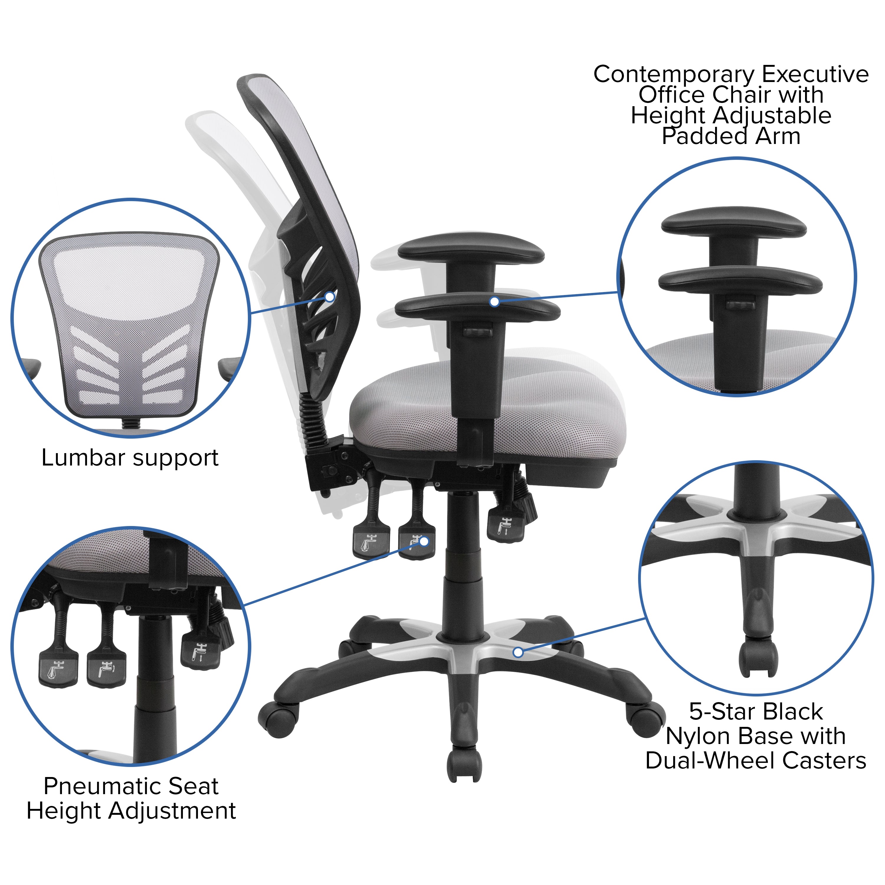 Nicholas Mid-Back Gray Mesh Multifunction Executive Swivel Ergonomic Office Chair with Adjustable Arms