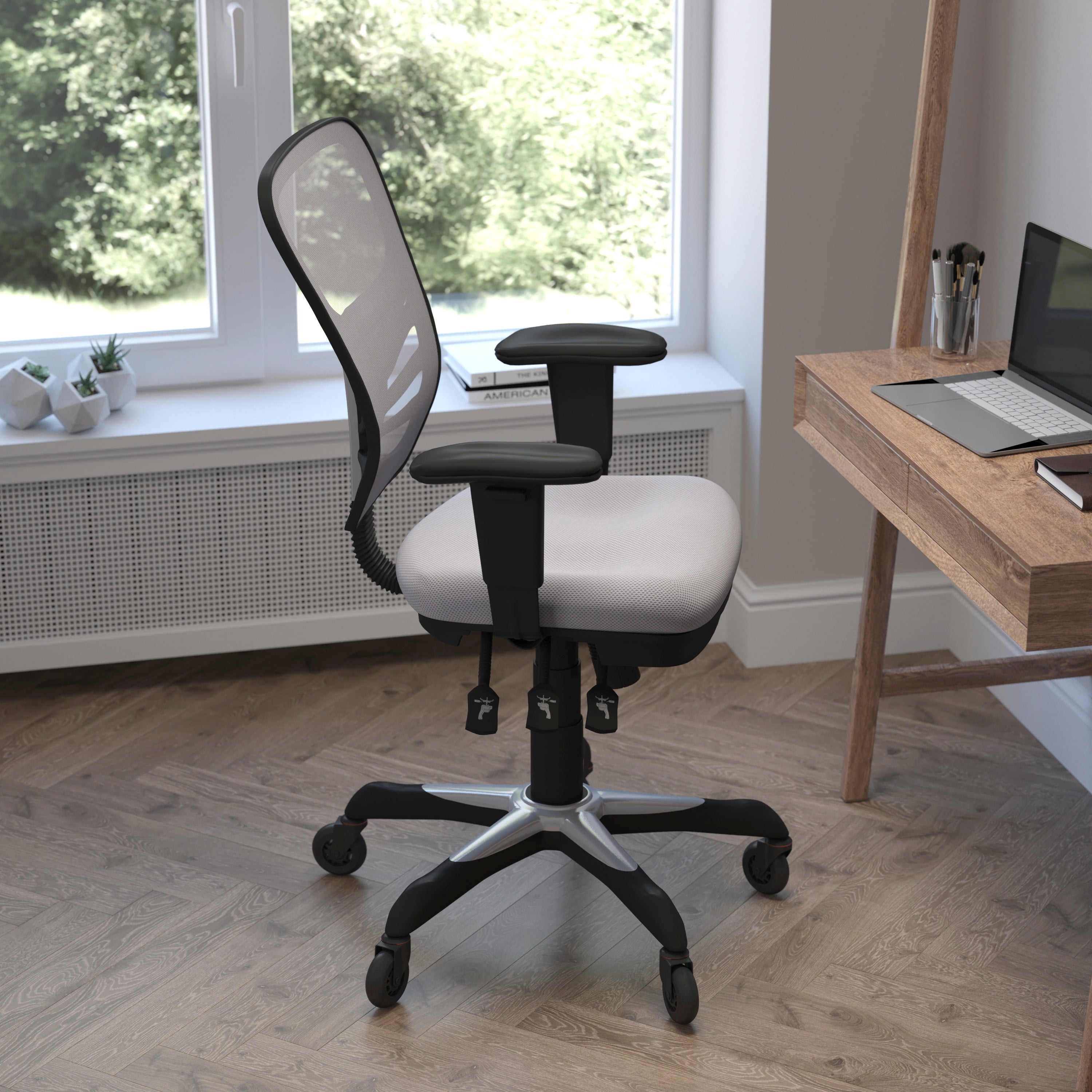 Nicholas Mid-Back Gray Mesh Multifunction Executive Swivel Ergonomic Office Chair with Adjustable Arms and Transparent Roller Wheels