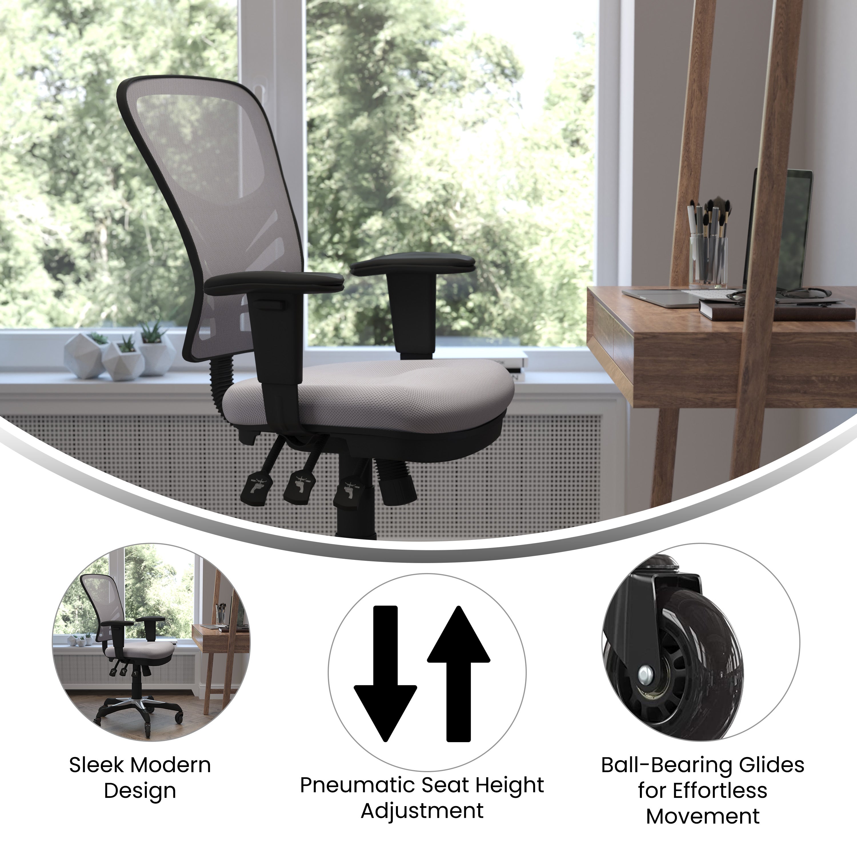 Nicholas Mid-Back Gray Mesh Multifunction Executive Swivel Ergonomic Office Chair with Adjustable Arms and Transparent Roller Wheels