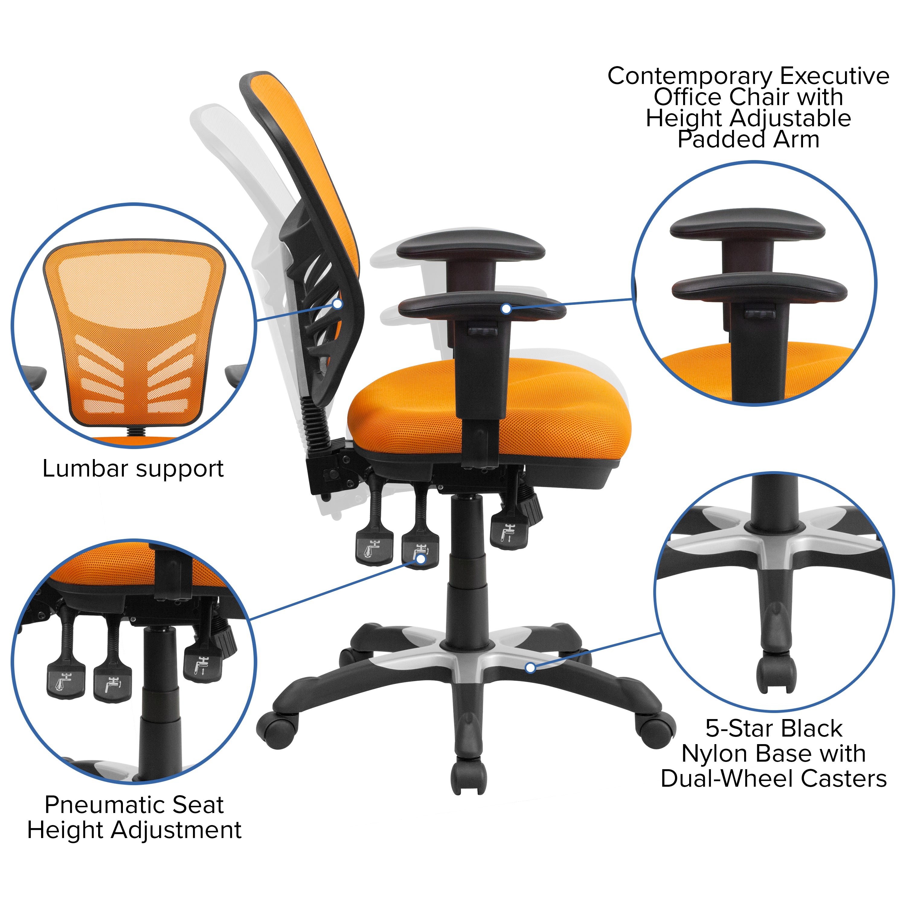 Nicholas Mid-Back Orange Mesh Multifunction Executive Swivel Ergonomic Office Chair with Adjustable Arms