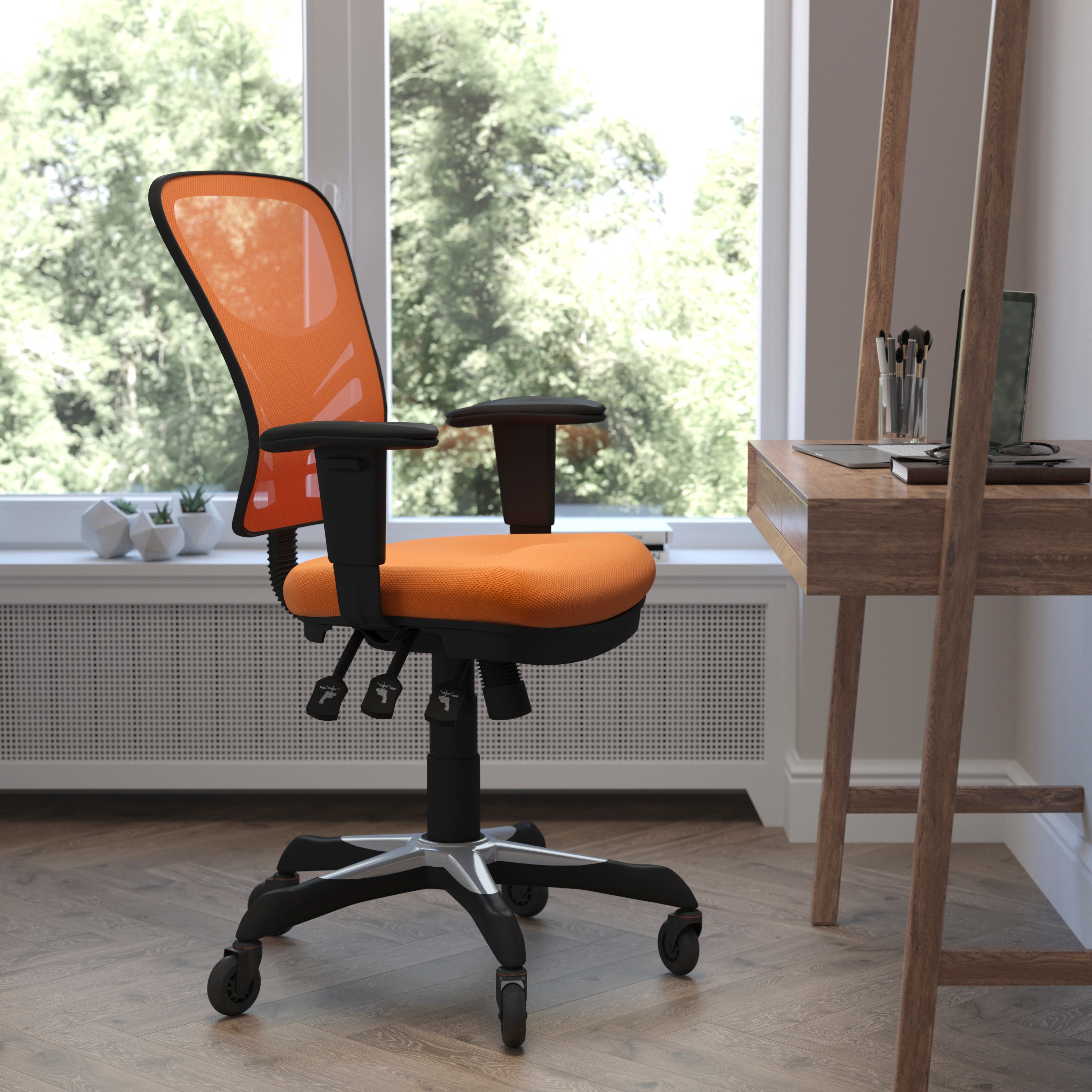 Nicholas Mid-Back Orange Mesh Multifunction Executive Swivel Ergonomic Office Chair with Adjustable Arms and Transparent Roller Wheels