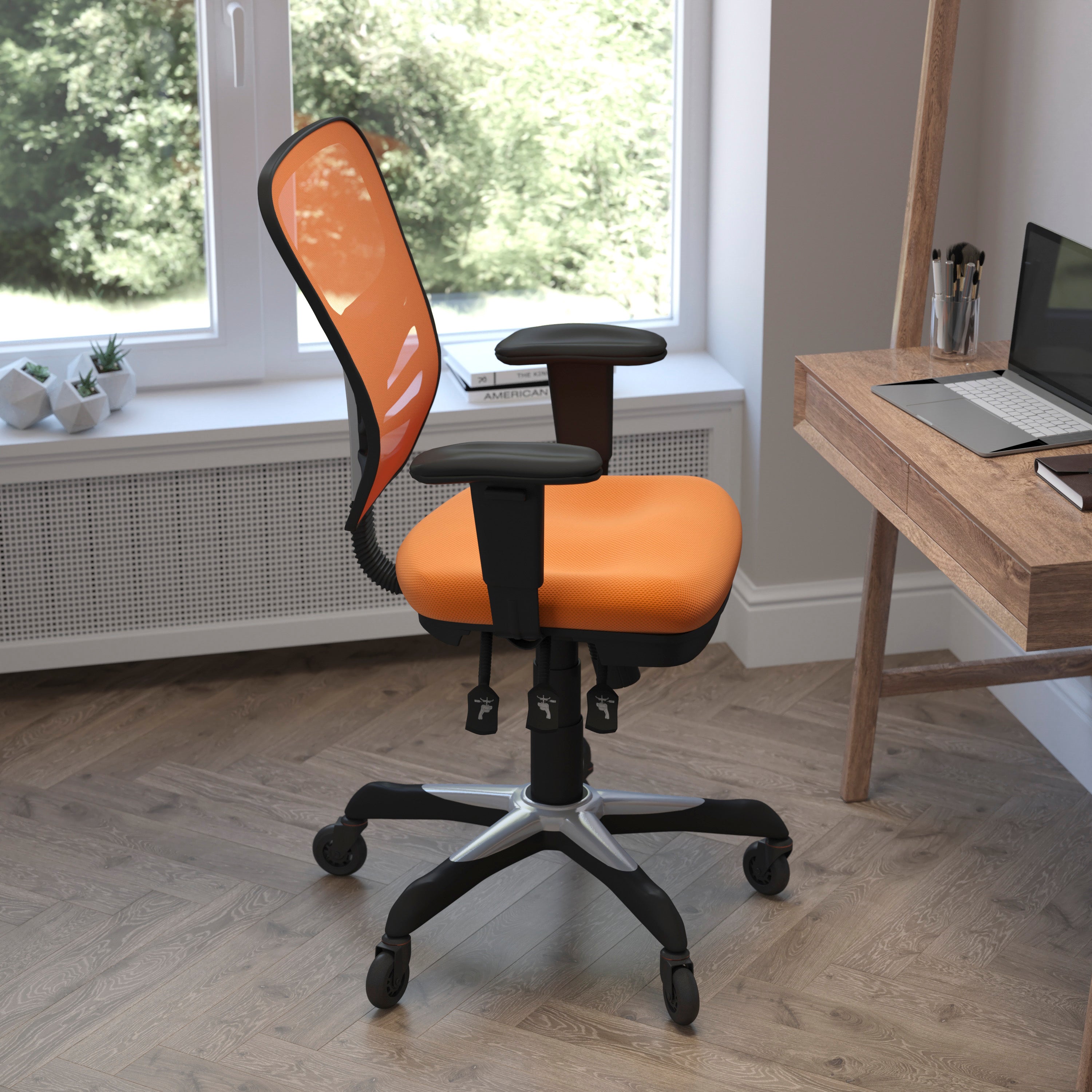 Nicholas Mid-Back Orange Mesh Multifunction Executive Swivel Ergonomic Office Chair with Adjustable Arms and Transparent Roller Wheels