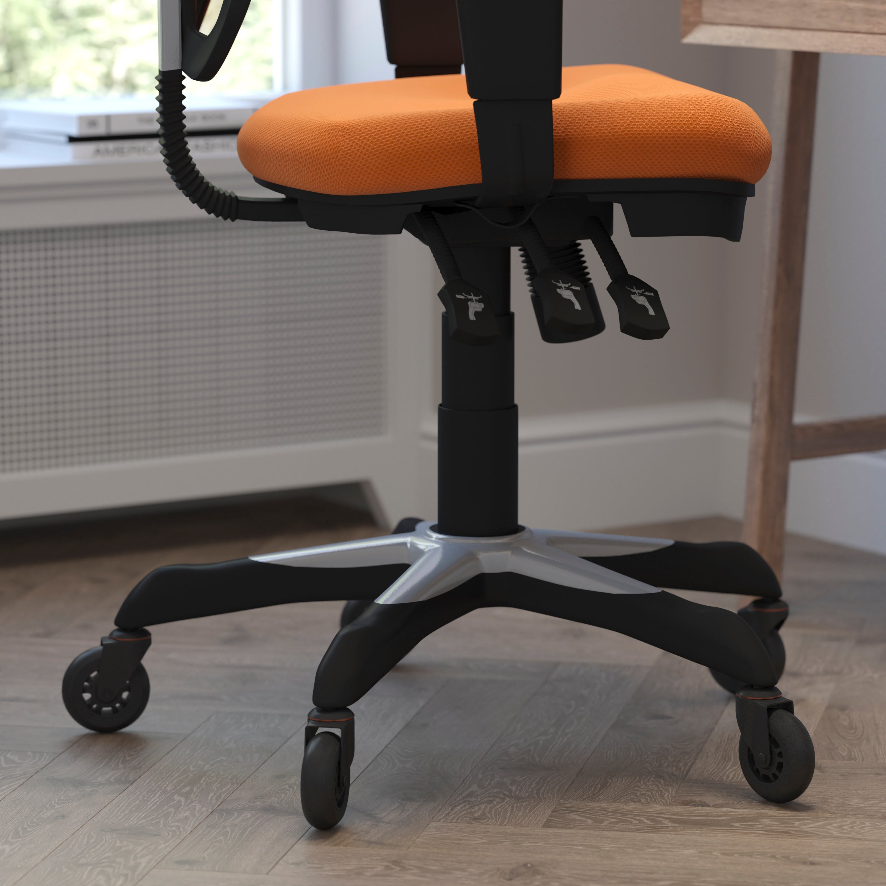 Nicholas Mid-Back Orange Mesh Multifunction Executive Swivel Ergonomic Office Chair with Adjustable Arms and Transparent Roller Wheels