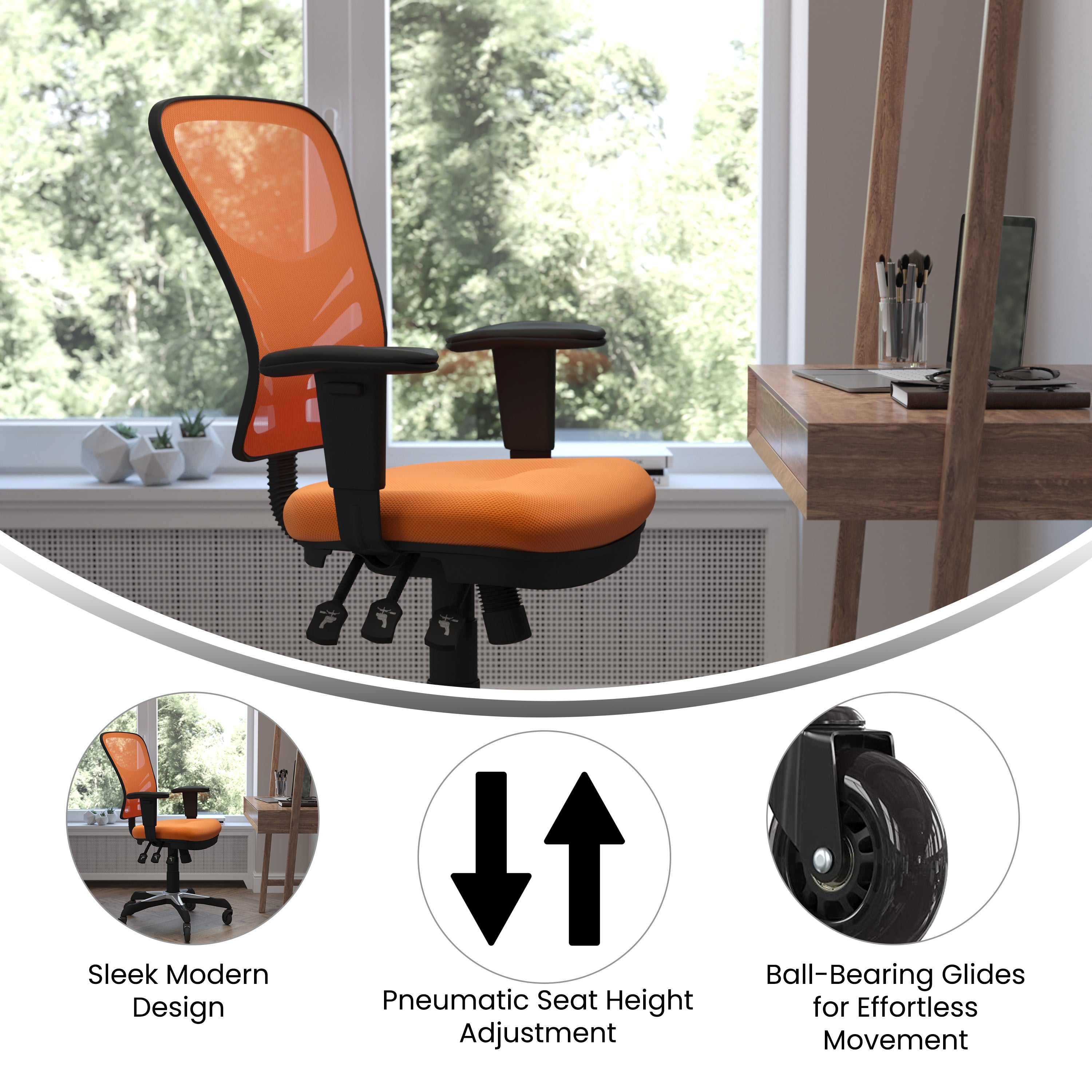 Nicholas Mid-Back Orange Mesh Multifunction Executive Swivel Ergonomic Office Chair with Adjustable Arms and Transparent Roller Wheels