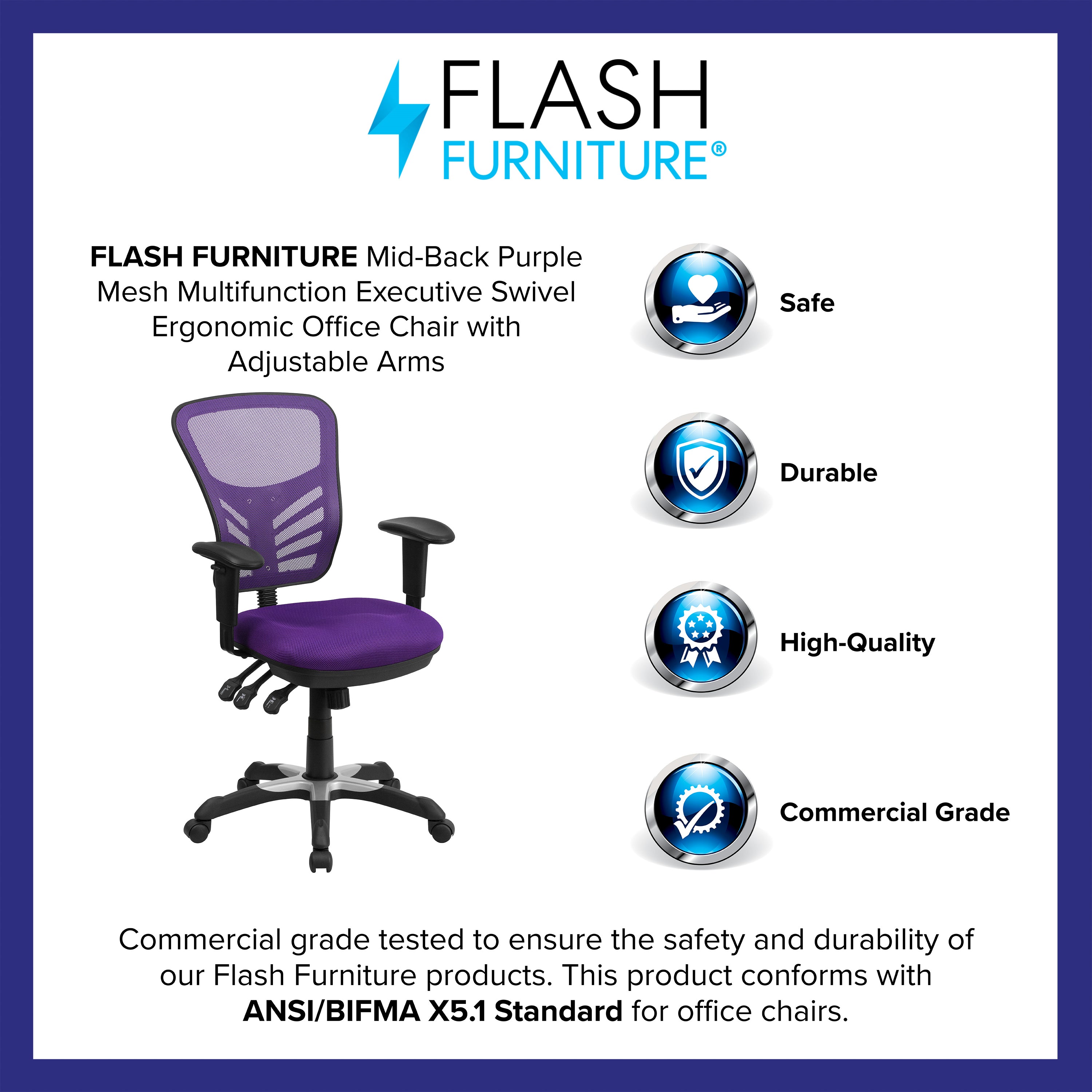 Nicholas Mid-Back Purple Mesh Multifunction Executive Swivel Ergonomic Office Chair with Adjustable Arms