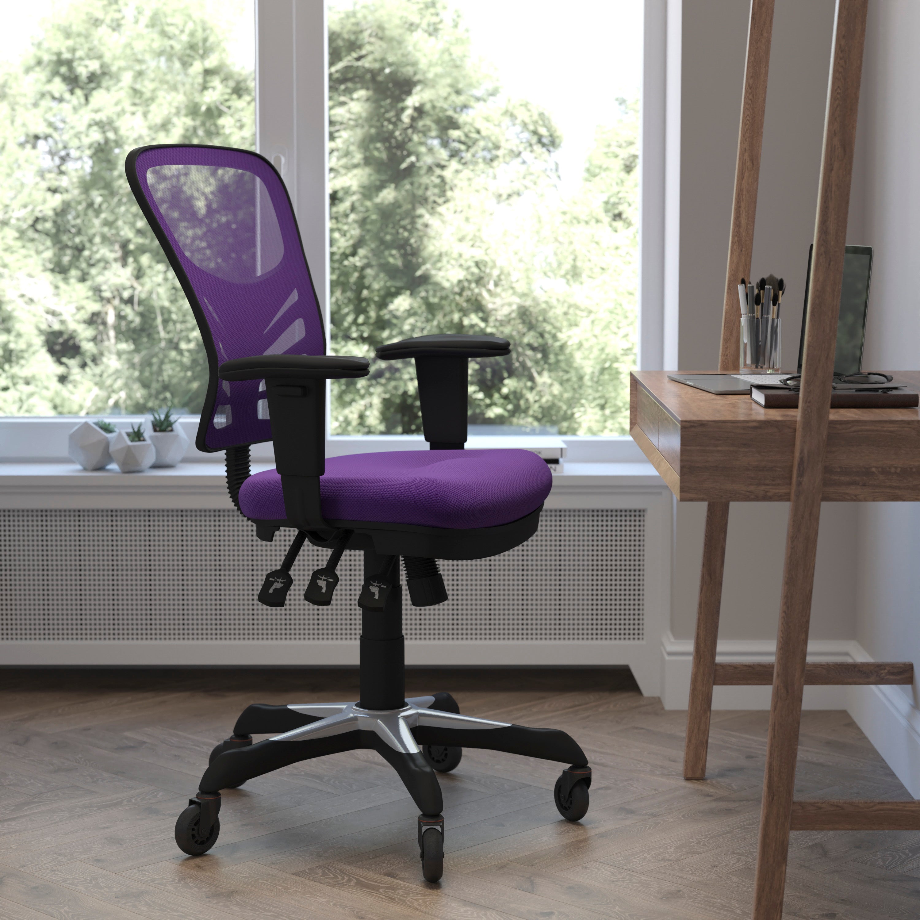 Nicholas Mid-Back Purple Mesh Multifunction Executive Swivel Ergonomic Office Chair with Adjustable Arms and Transparent Roller Wheels