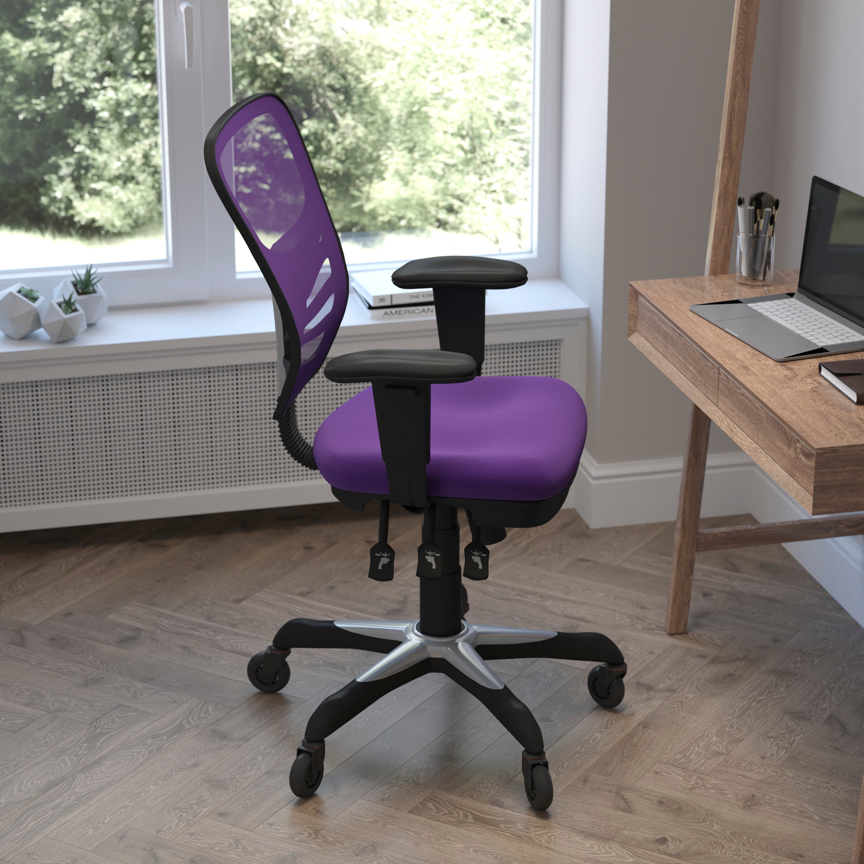 Nicholas Mid-Back Purple Mesh Multifunction Executive Swivel Ergonomic Office Chair with Adjustable Arms and Transparent Roller Wheels