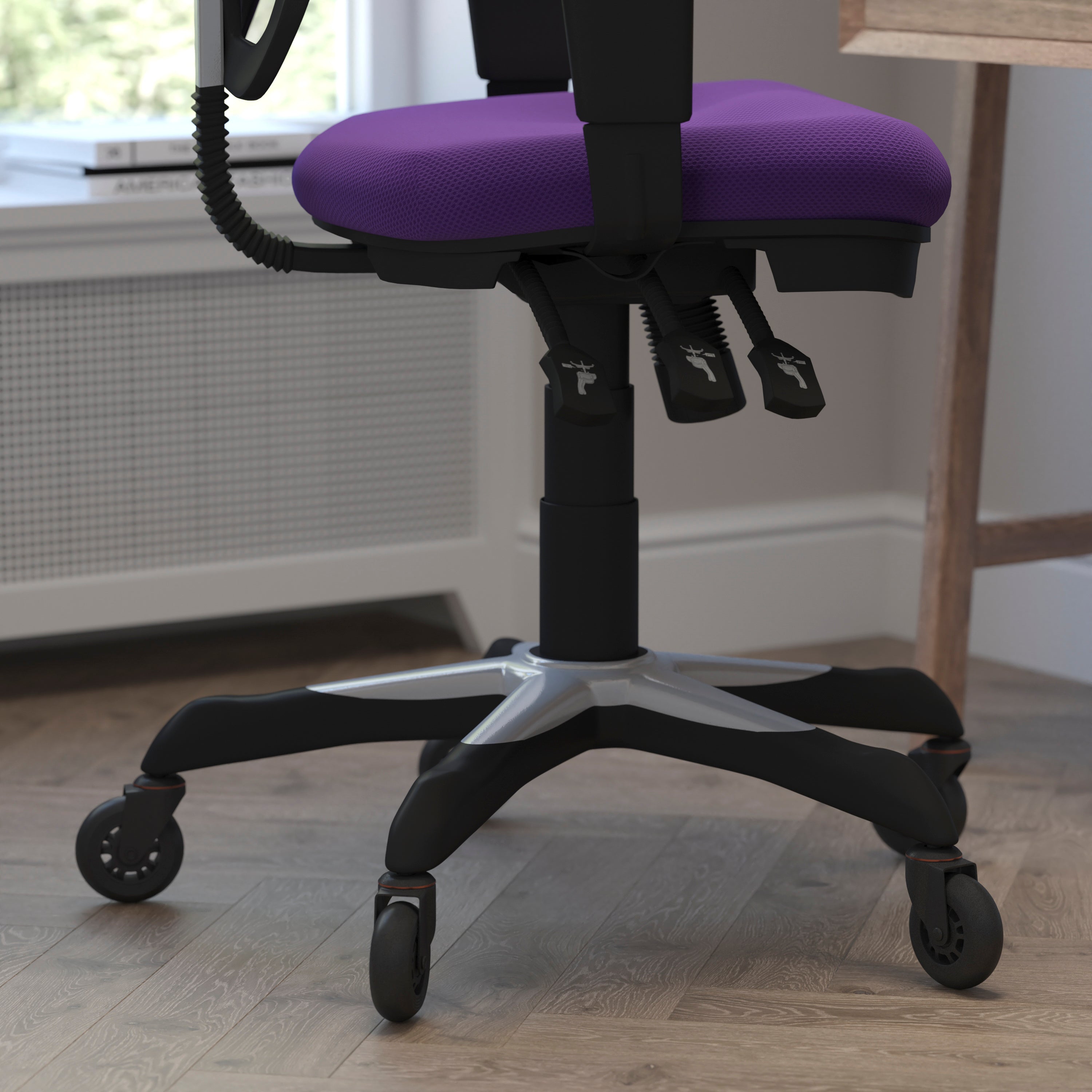 Nicholas Mid-Back Purple Mesh Multifunction Executive Swivel Ergonomic Office Chair with Adjustable Arms and Transparent Roller Wheels
