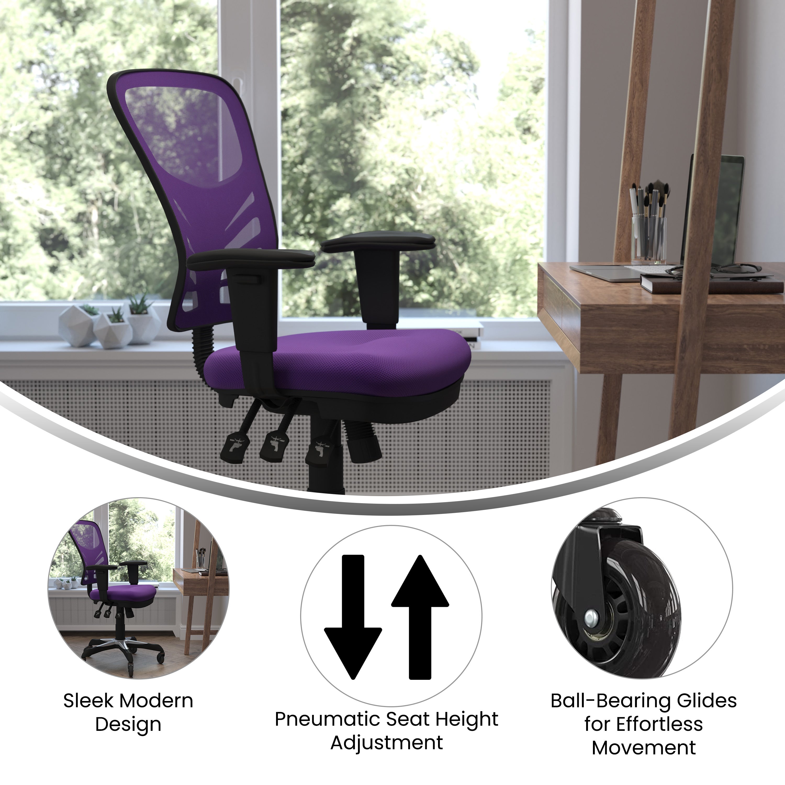 Nicholas Mid-Back Purple Mesh Multifunction Executive Swivel Ergonomic Office Chair with Adjustable Arms and Transparent Roller Wheels