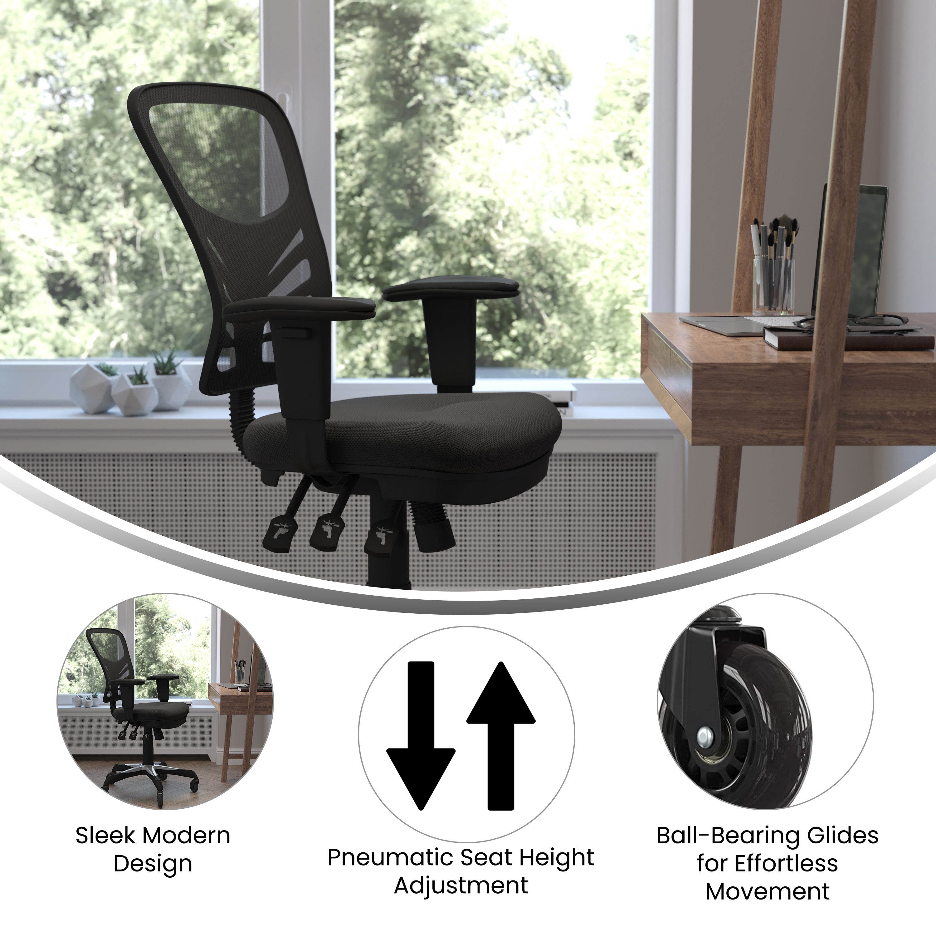Nicholas Mid-Back Black Mesh Multifunction Executive Swivel Ergonomic Office Chair with Adjustable Arms and Transparent Roller Wheels