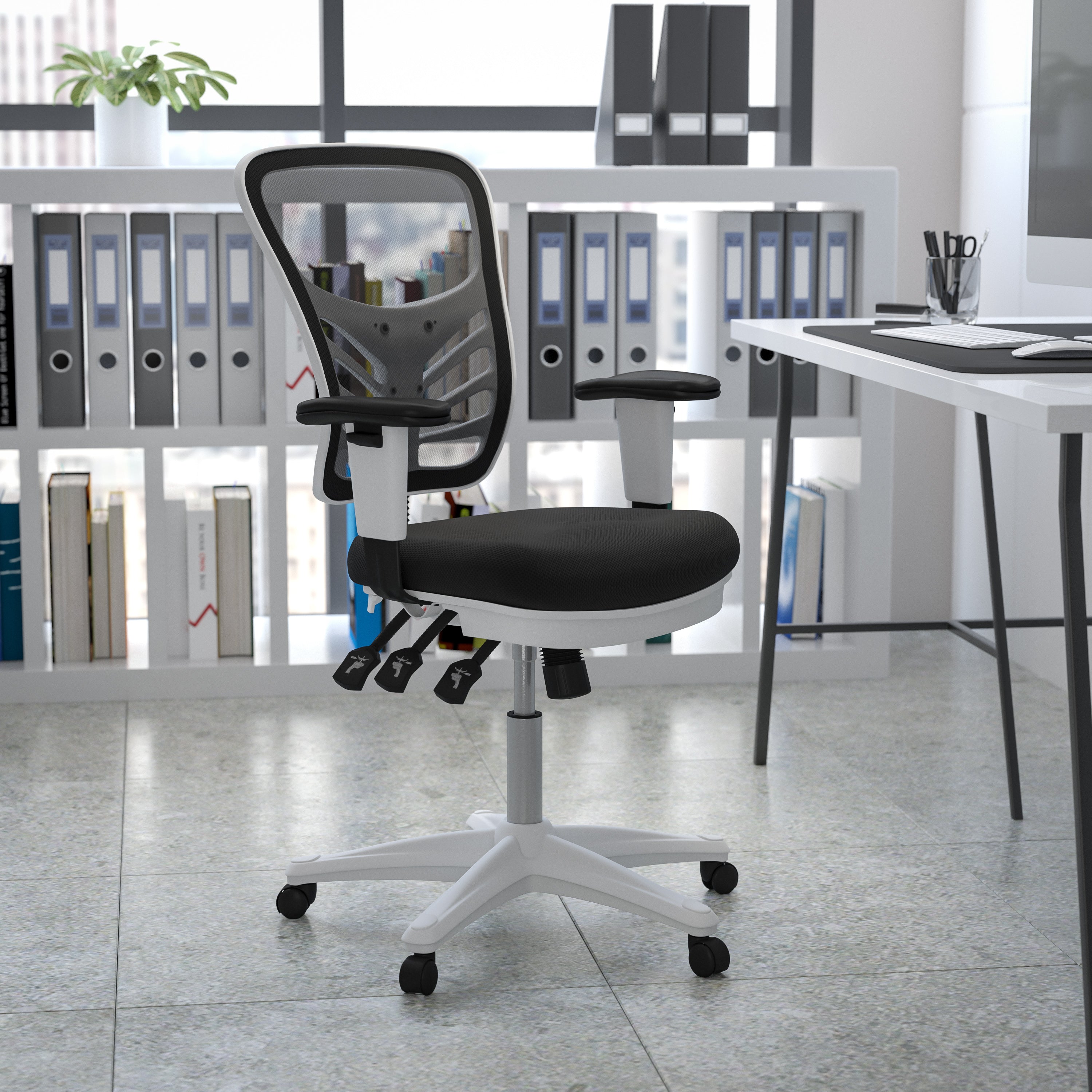 Nicholas Mid-Back Black Mesh Multifunction Executive Swivel Ergonomic Office Chair with Adjustable Arms and White Frame