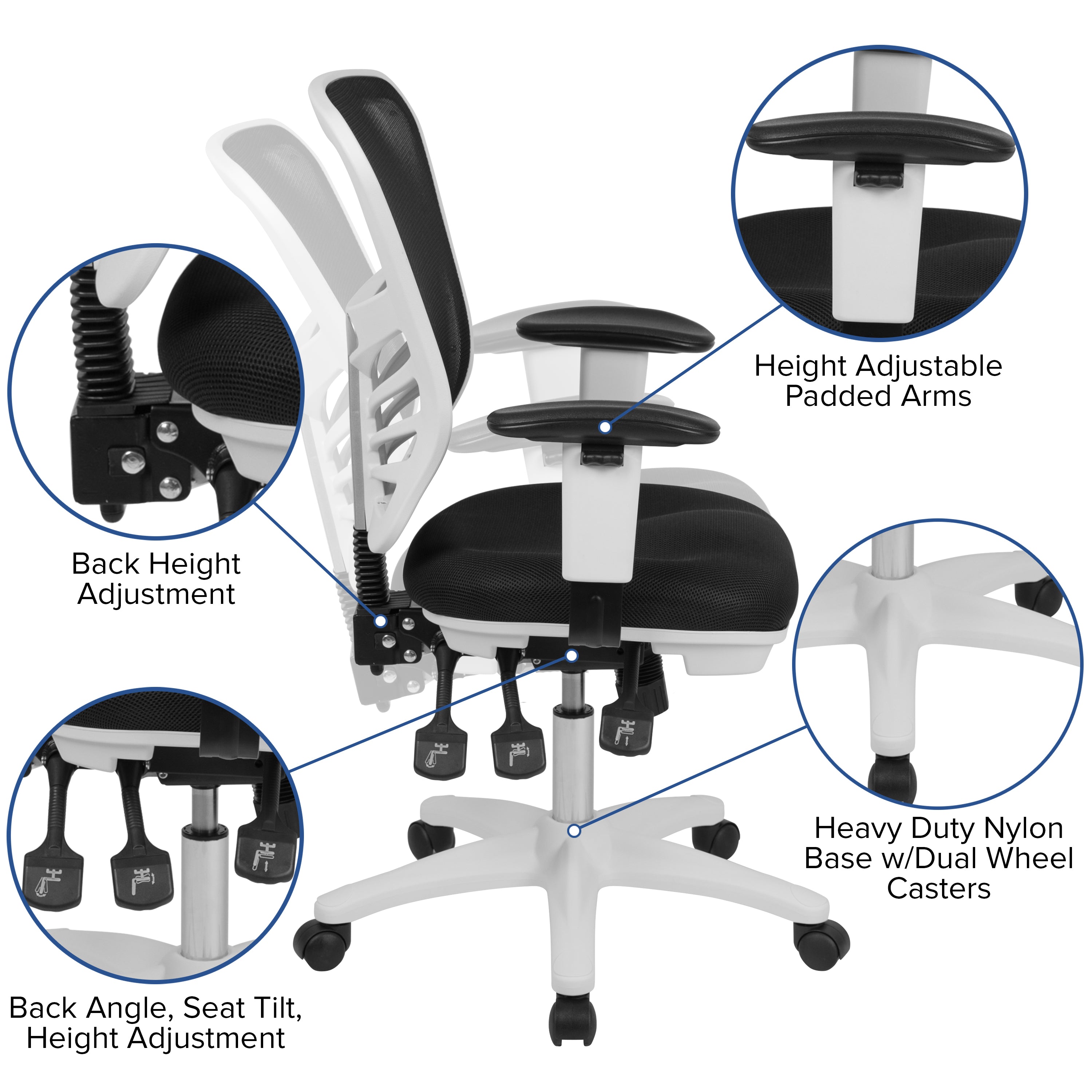 Nicholas Mid-Back Black Mesh Multifunction Executive Swivel Ergonomic Office Chair with Adjustable Arms and White Frame