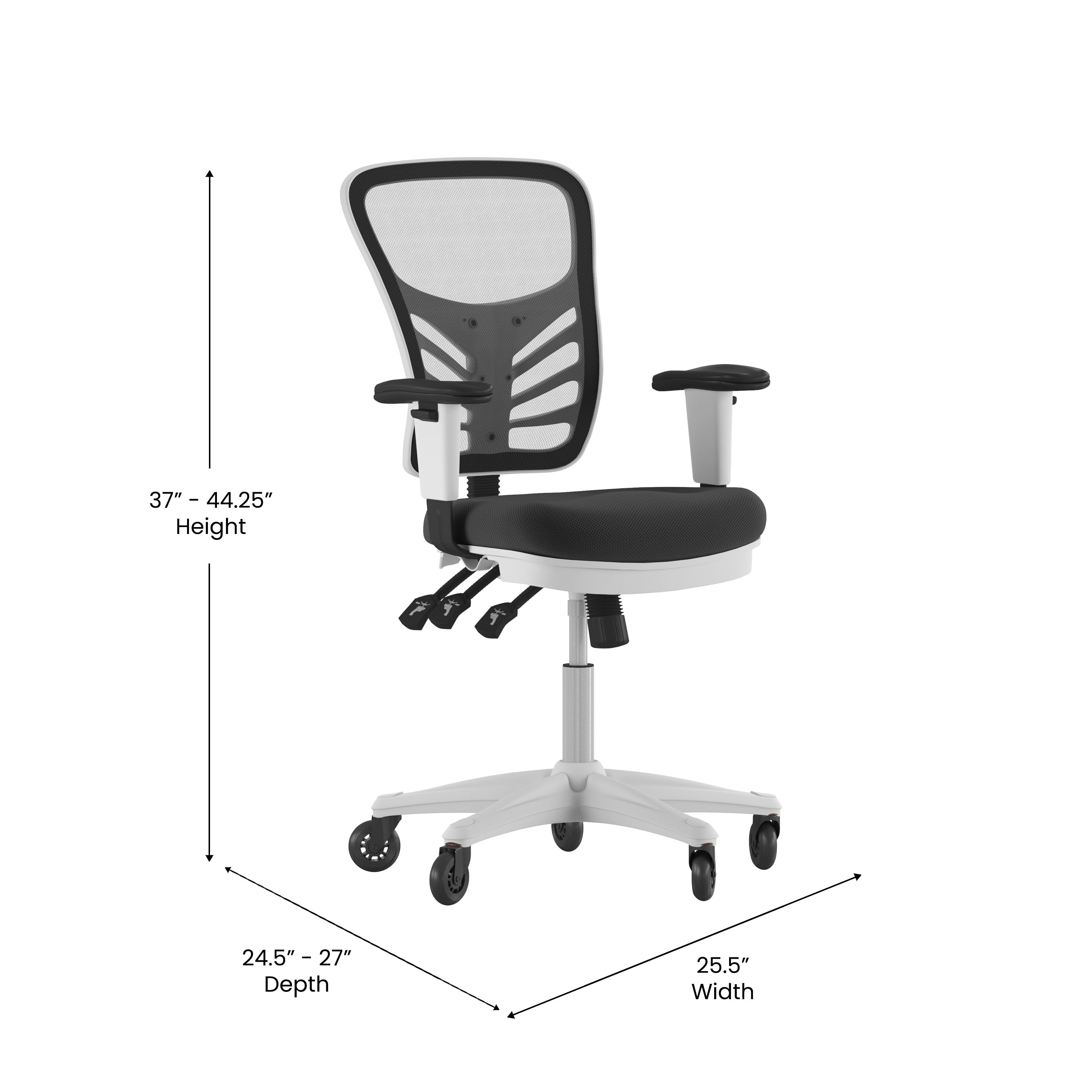 Nicholas Mid-Back Black Mesh Multifunction Executive Ergonomic Office Chair with Adjustable Arms, Transparent Roller Wheels, and White Frame