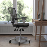 Nicholas Mid-Back Black Mesh Multifunction Executive Ergonomic Office Chair with Adjustable Arms, Transparent Roller Wheels, and White Frame