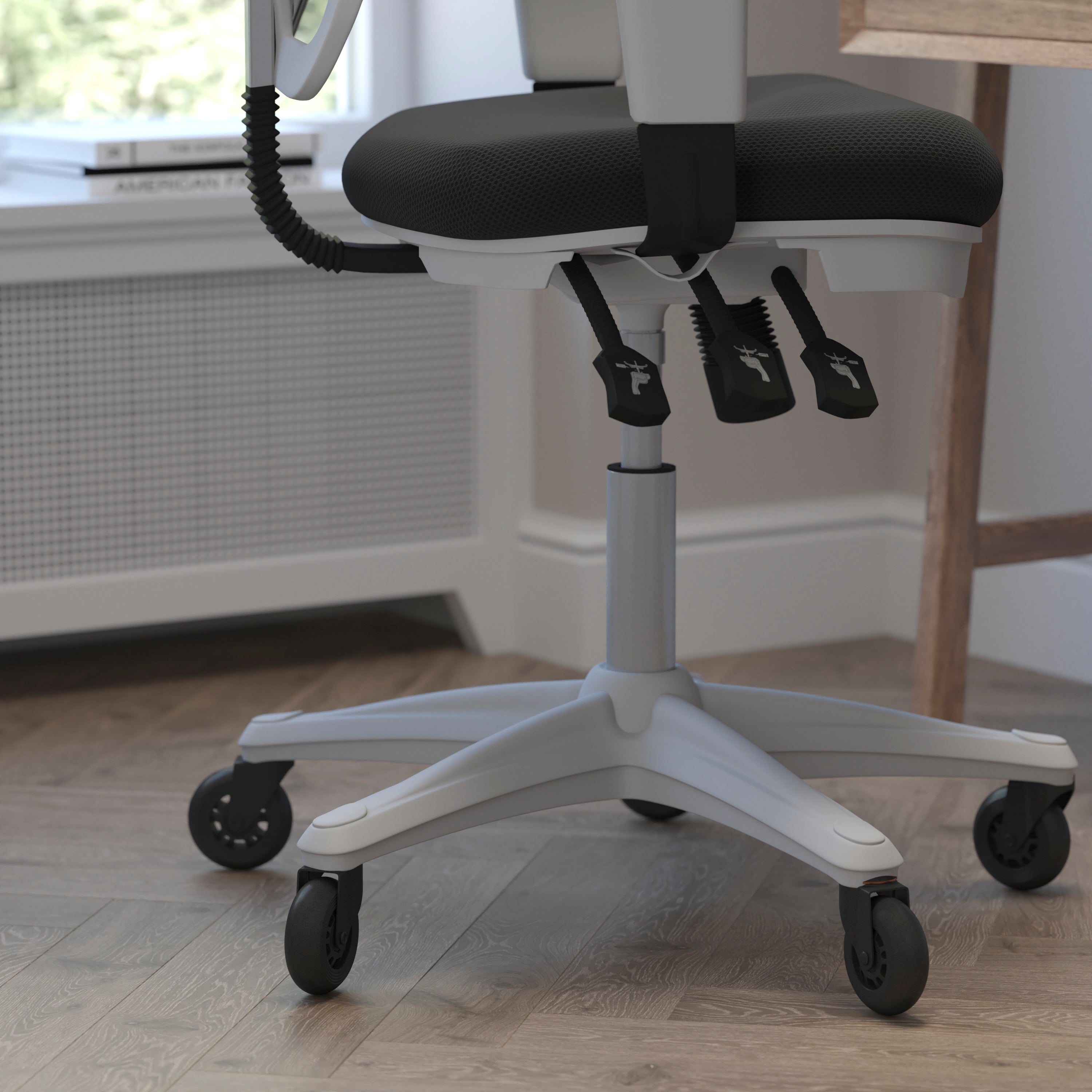 Nicholas Mid-Back Black Mesh Multifunction Executive Ergonomic Office Chair with Adjustable Arms, Transparent Roller Wheels, and White Frame