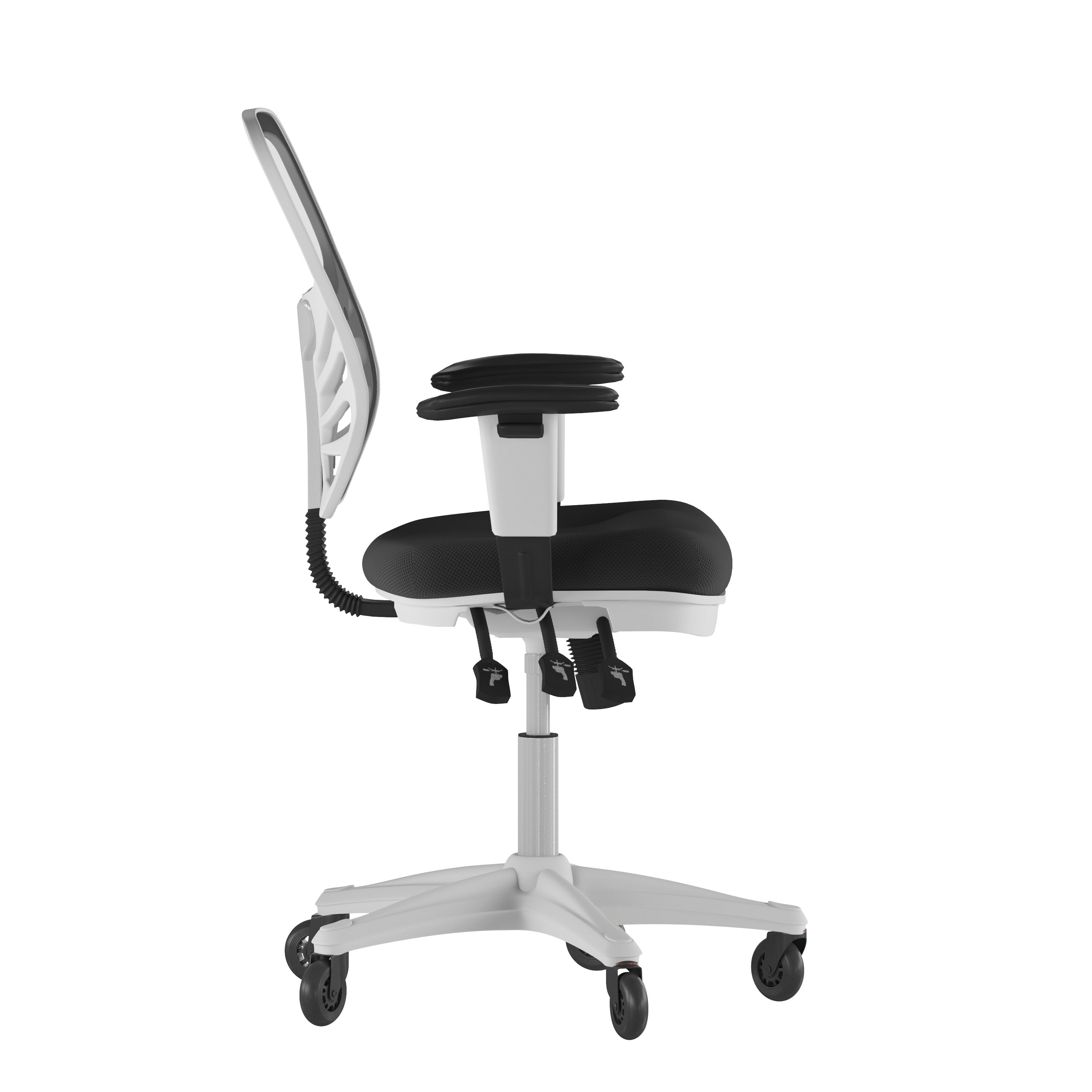 Nicholas Mid-Back Black Mesh Multifunction Executive Ergonomic Office Chair with Adjustable Arms, Transparent Roller Wheels, and White Frame