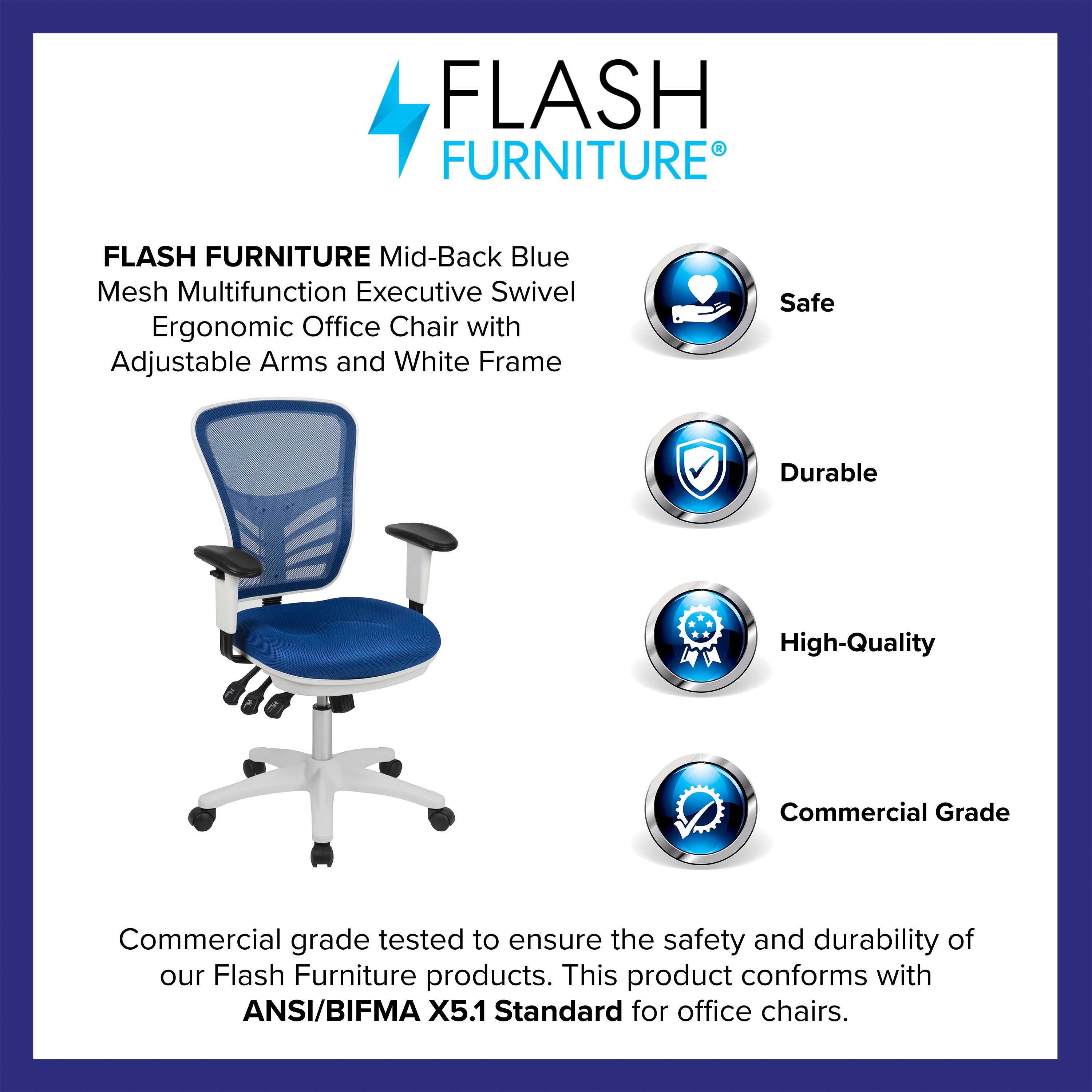 Nicholas Mid-Back Blue Mesh Multifunction Executive Swivel Ergonomic Office Chair with Adjustable Arms and White Frame