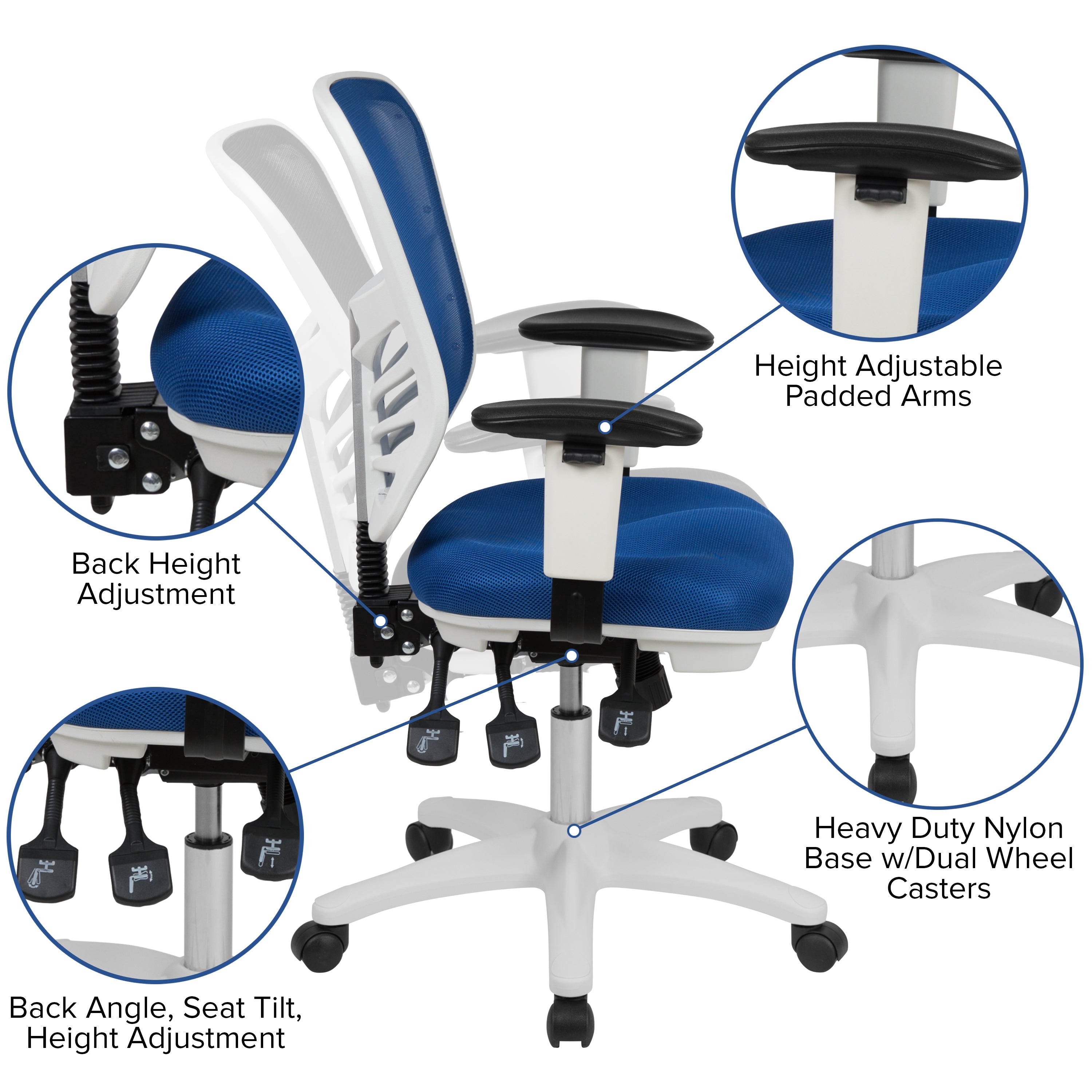 Nicholas Mid-Back Blue Mesh Multifunction Executive Swivel Ergonomic Office Chair with Adjustable Arms and White Frame