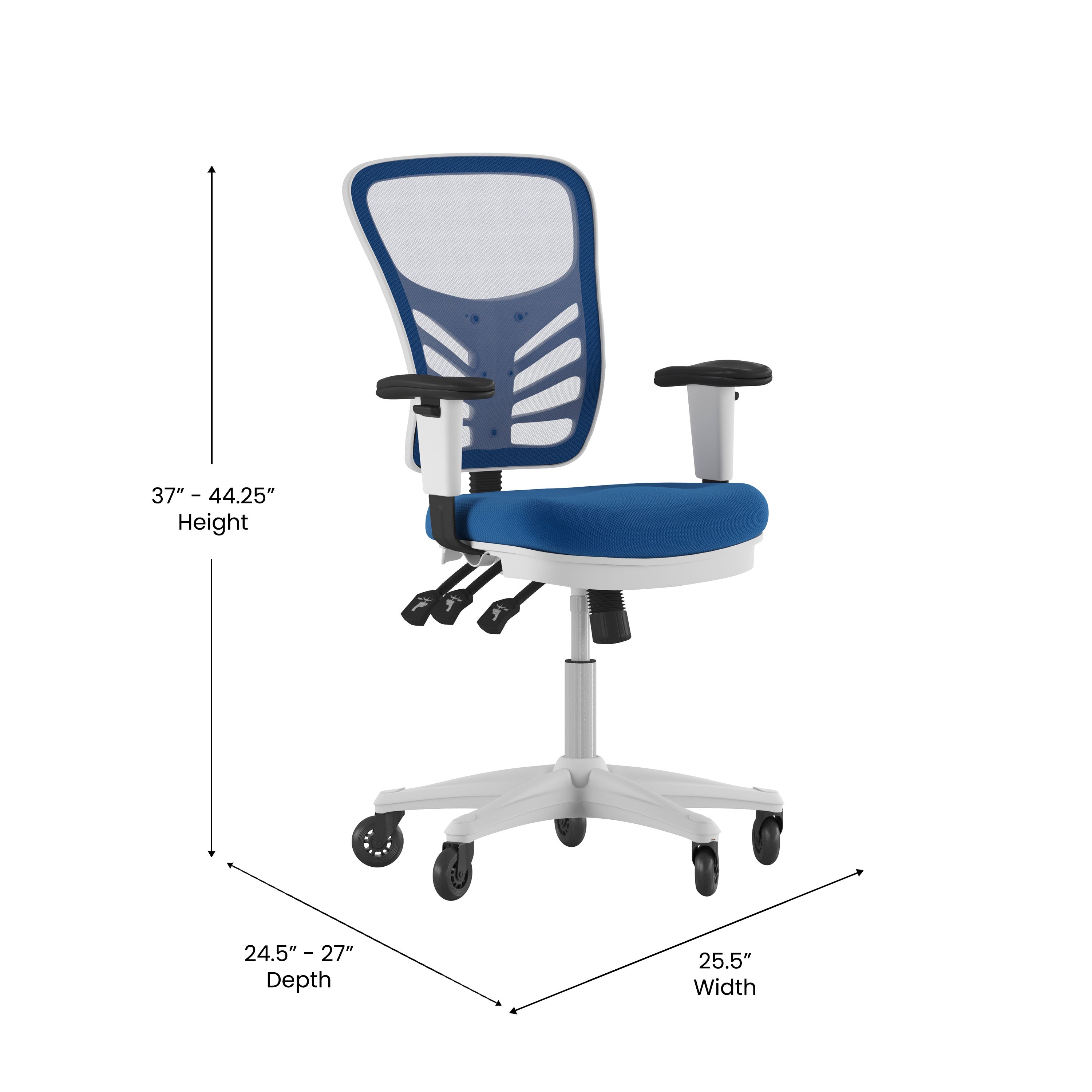 Nicholas Mid-Back Blue Mesh Multifunction Executive Ergonomic Office Chair with Adjustable Arms, Transparent Roller Wheels, and White Frame