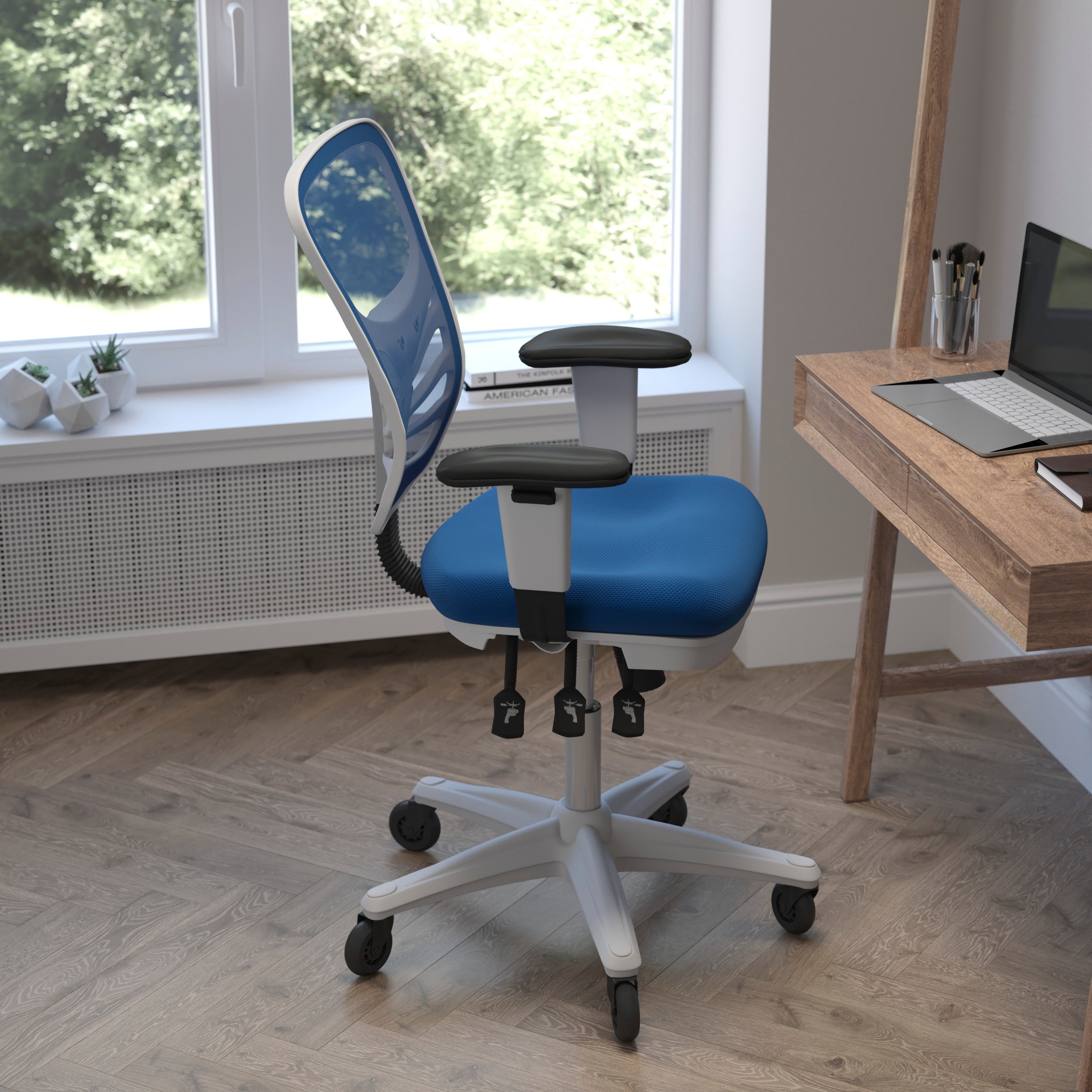 Nicholas Mid-Back Blue Mesh Multifunction Executive Ergonomic Office Chair with Adjustable Arms, Transparent Roller Wheels, and White Frame